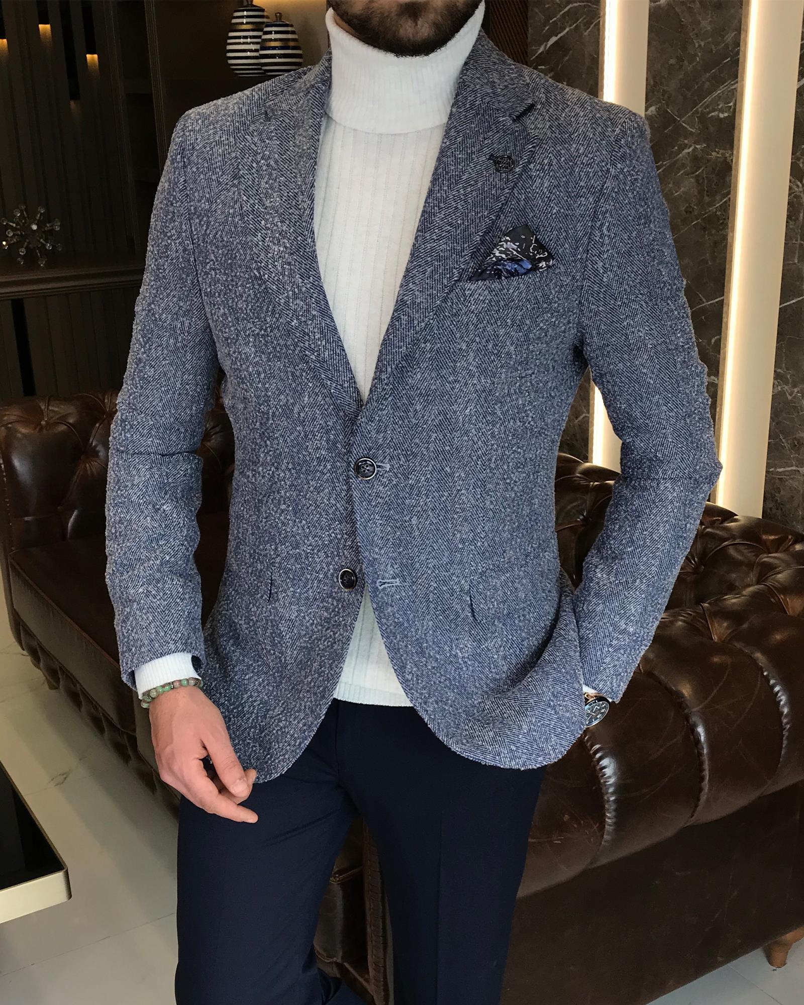 Italian Style Mono Collar Single Jacket Blue T8567