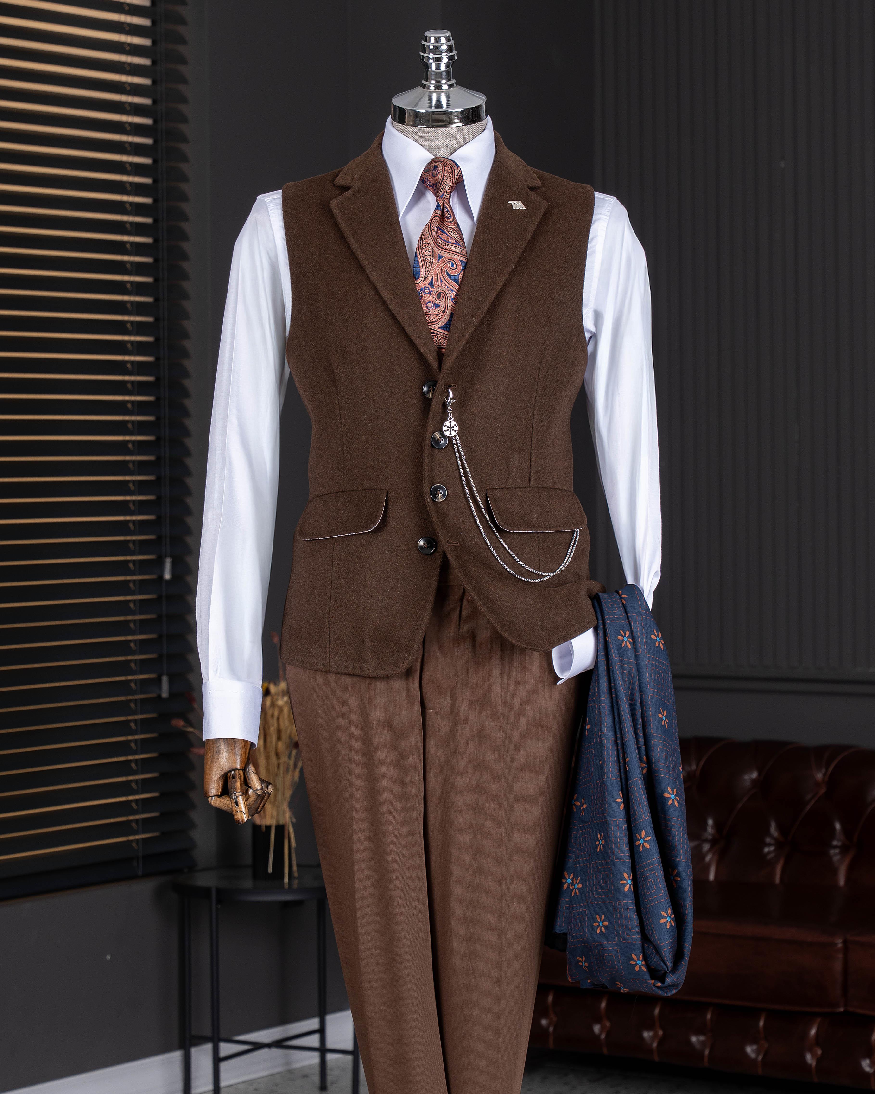 İtalyan stil mono yaka kaşe cepken yelek açık kahverengi T20014-31