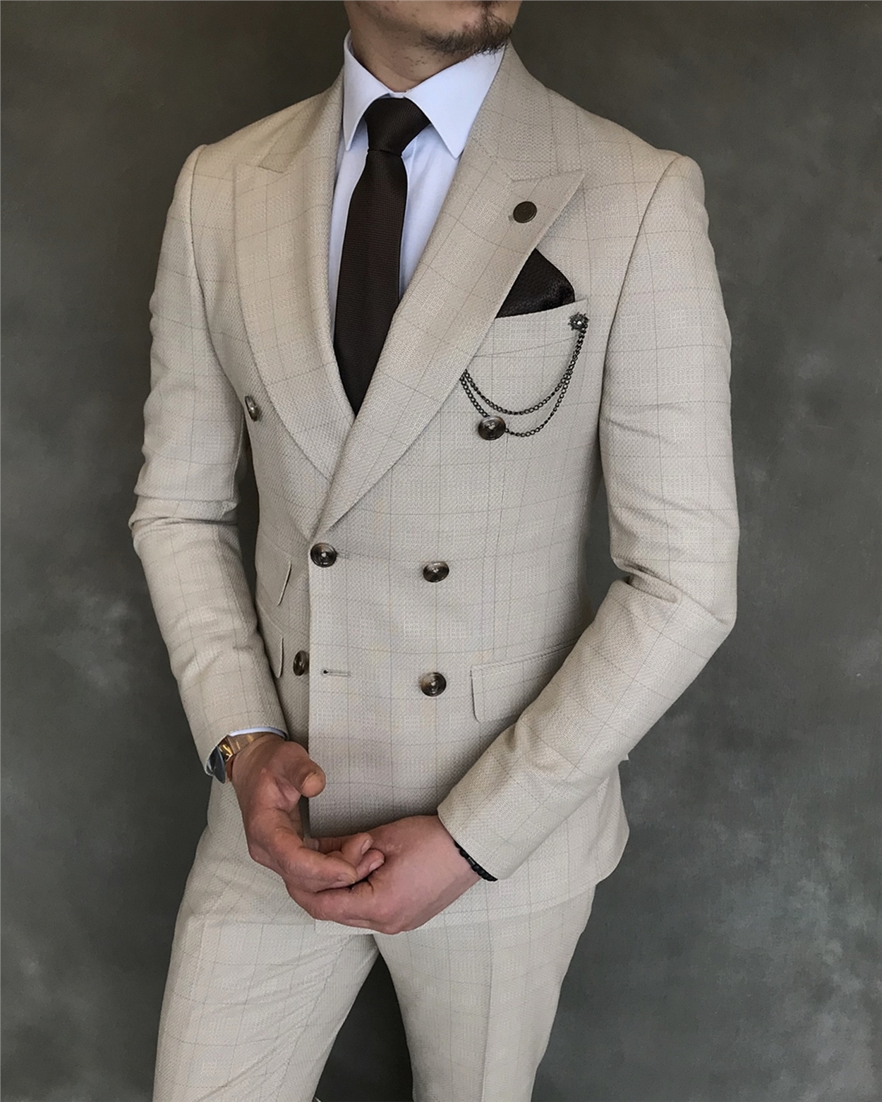 İtalyan stil slim ceket pantolon kruvaze takım elbise bej T5954