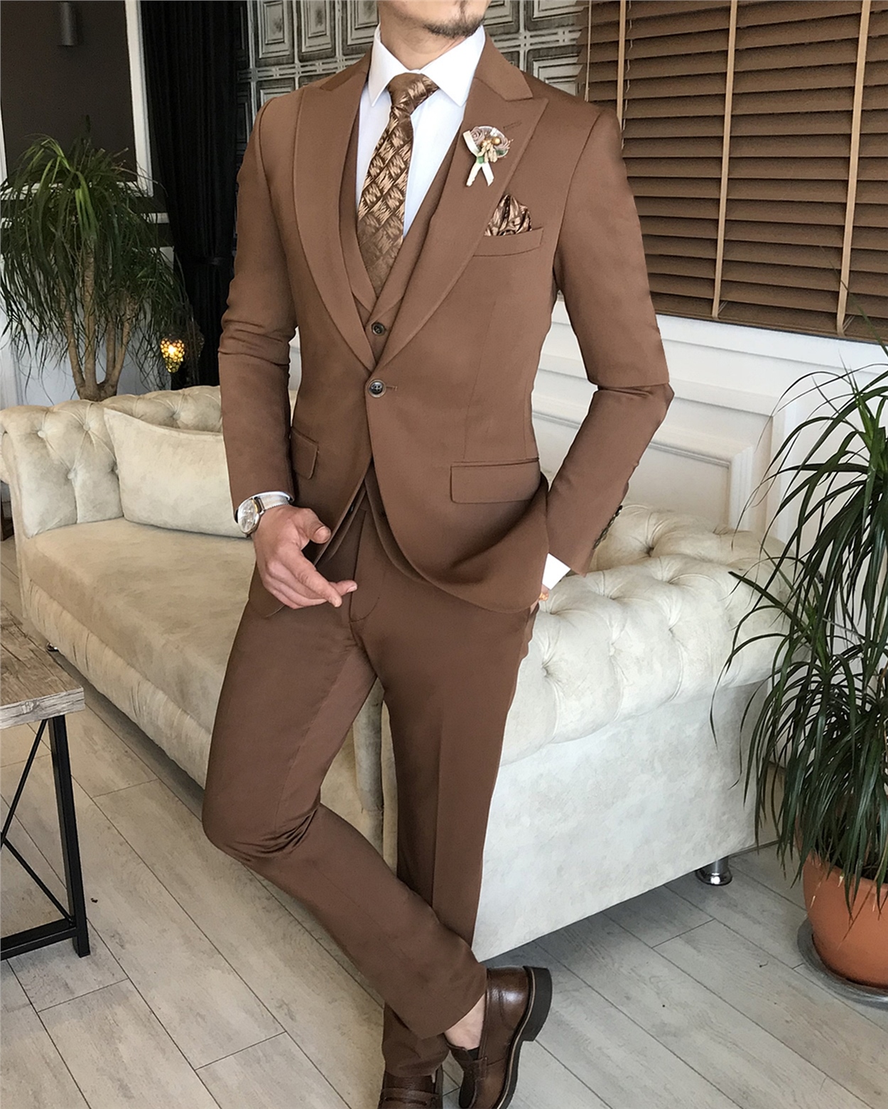 İtalyan stil slim ceket yelek pantolon takım elbise kahverengi T6131