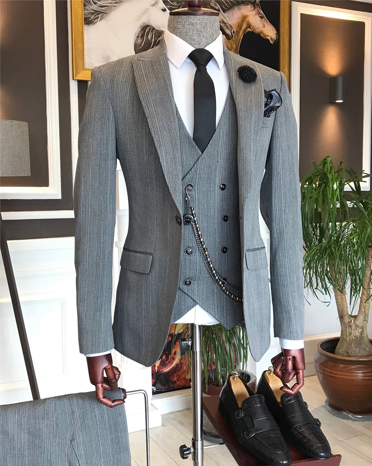 İtalyan stil slim ceket yelek pantolon takım elbise Gri T6166