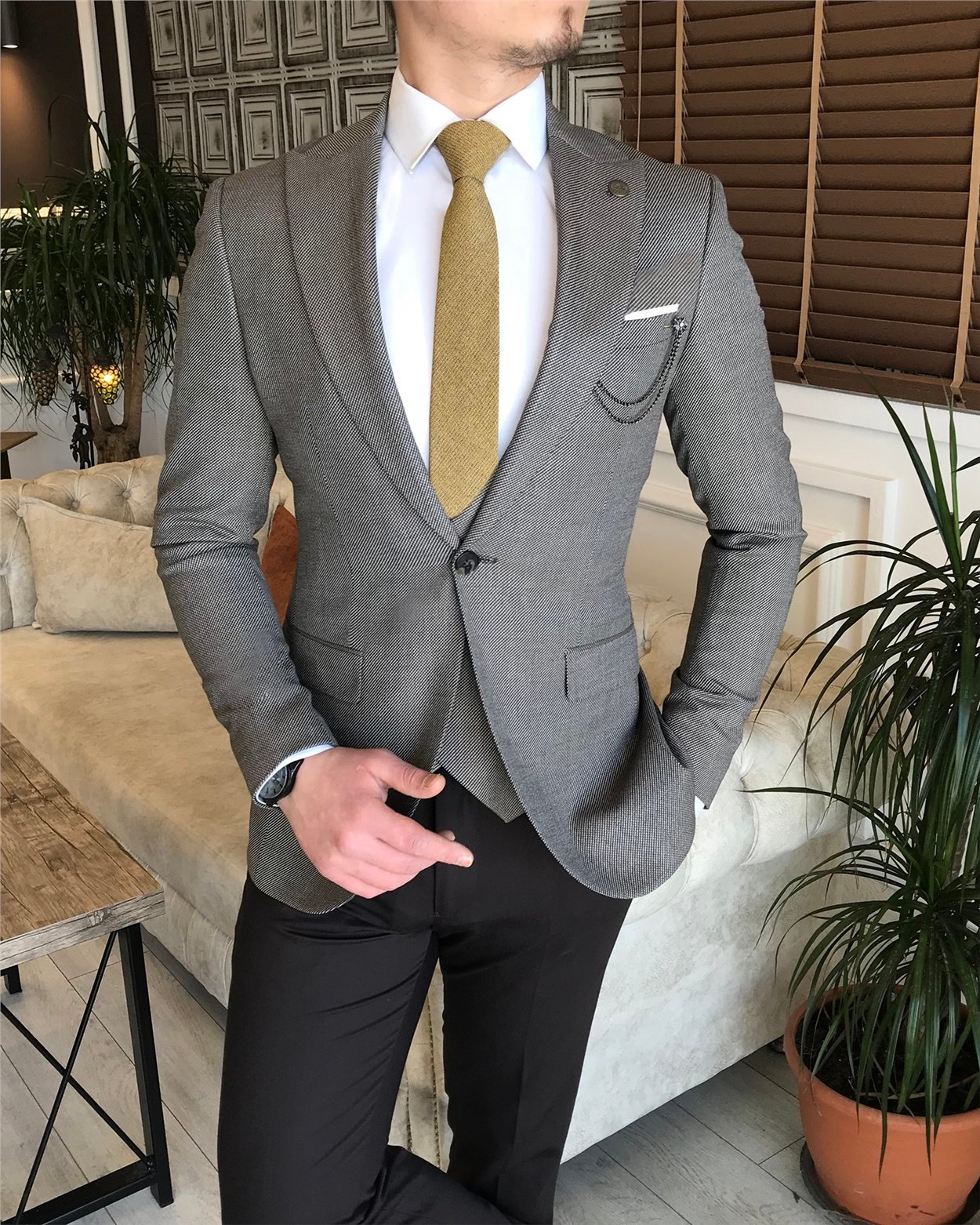 İtalyan stil slim ceket yelek pantolon kombin Bej T4156
