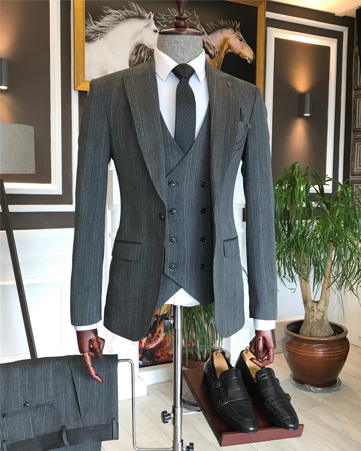 İtalyan stil slim ceket yelek pantolon takım elbise Koyu Gri T6165