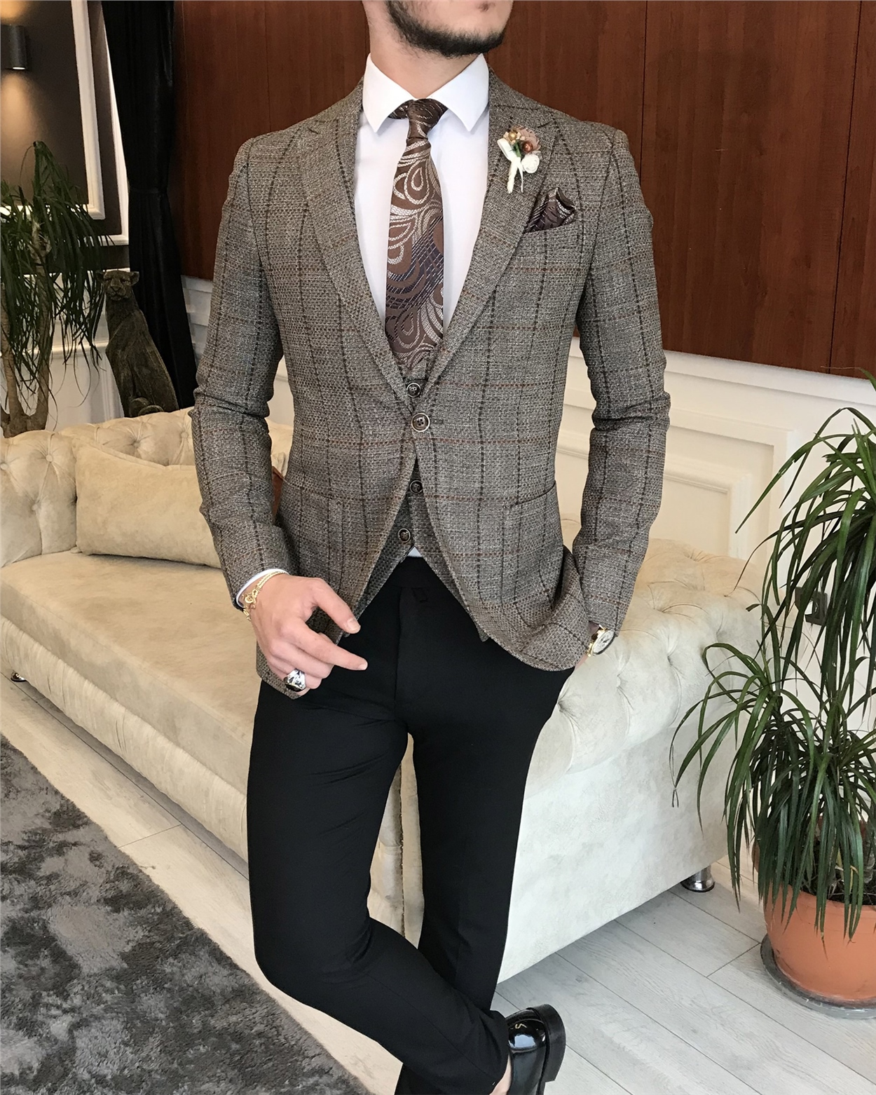 İtalyan stil slim ceket yelek pantolon takım elbise kahverengi T6453
