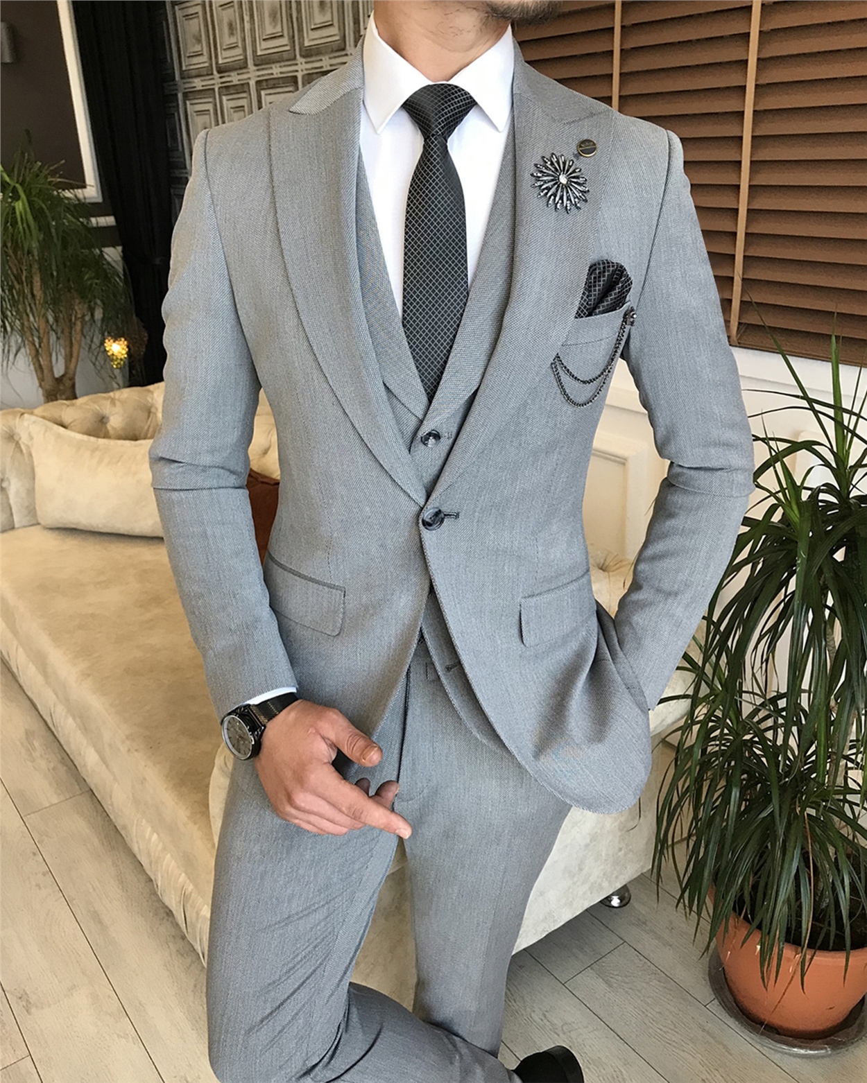 İtalyan stil slim ceket yelek pantolon takım elbise gri T6141