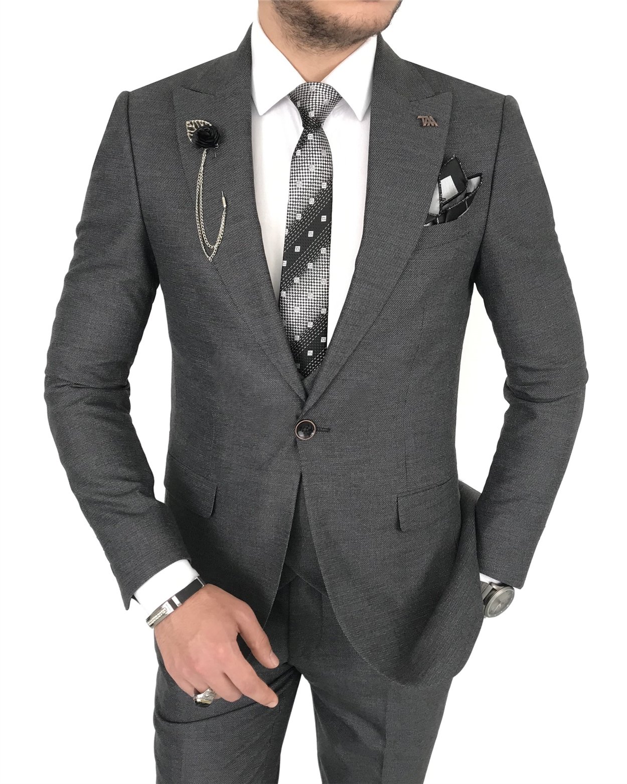İtalyan stil slim ceket yelek pantolon antrasit  takım elbise T7913
