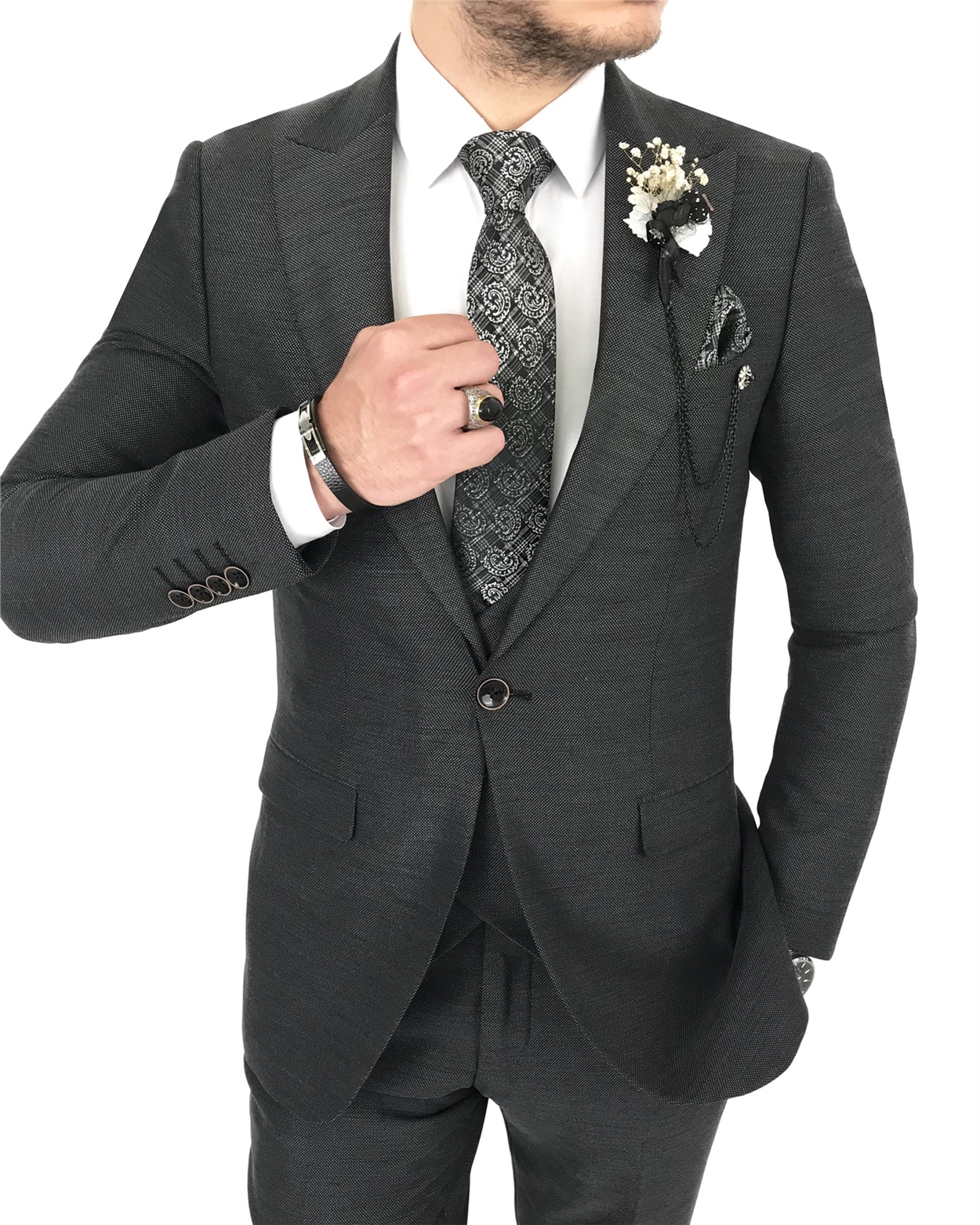 İtalyan stil slim ceket yelek pantolon antrasit  takım elbise T7912
