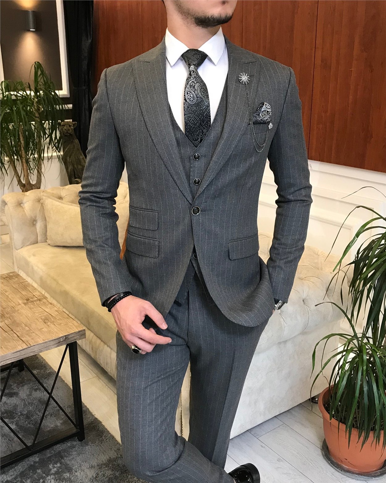 İtalyan stil slim çizgili ceket yelek pantolon takım elbise Gri T6650