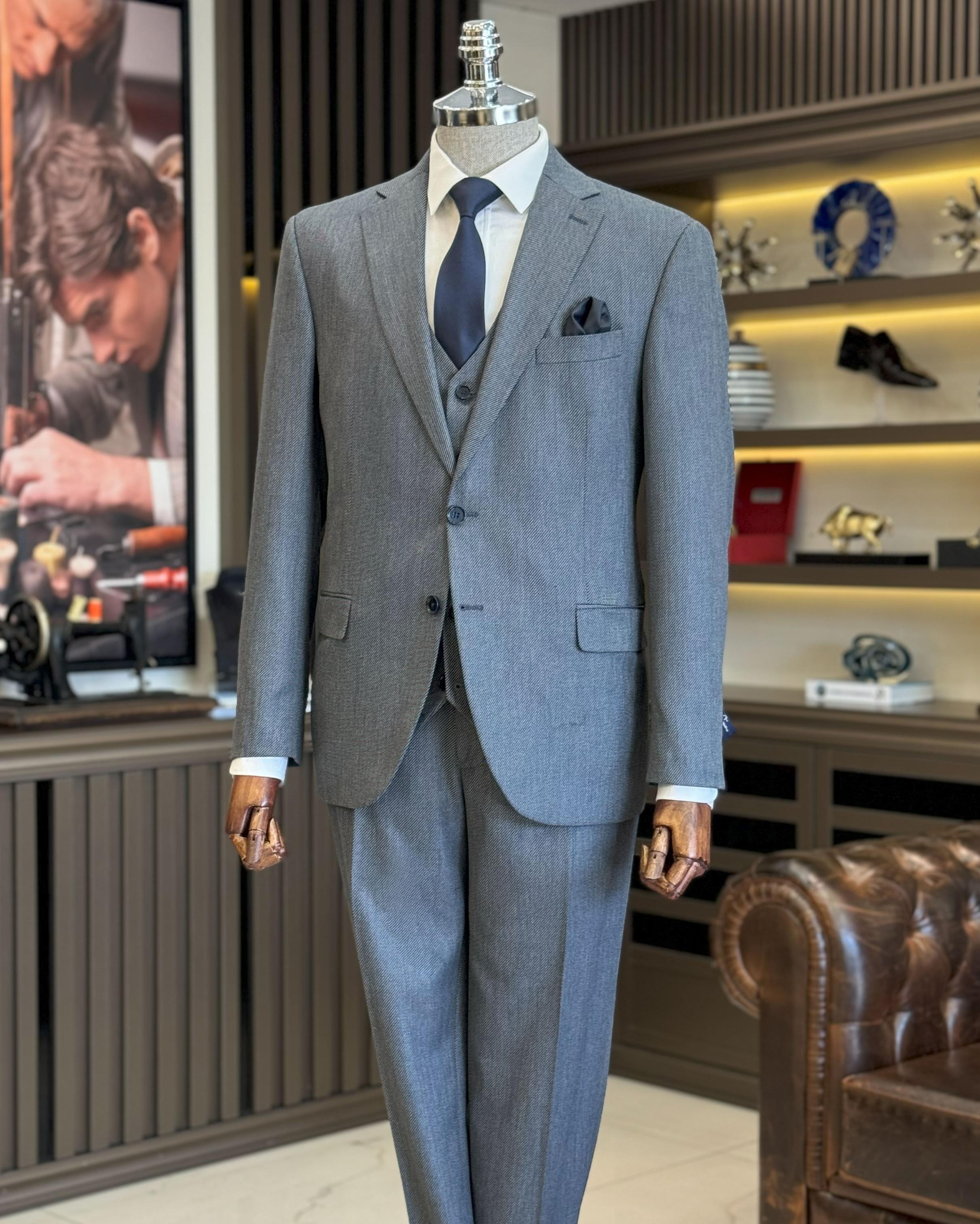 İtalyan stil slim fit 4 drop ceket yelek pantolon takım elbise lacivert T12134