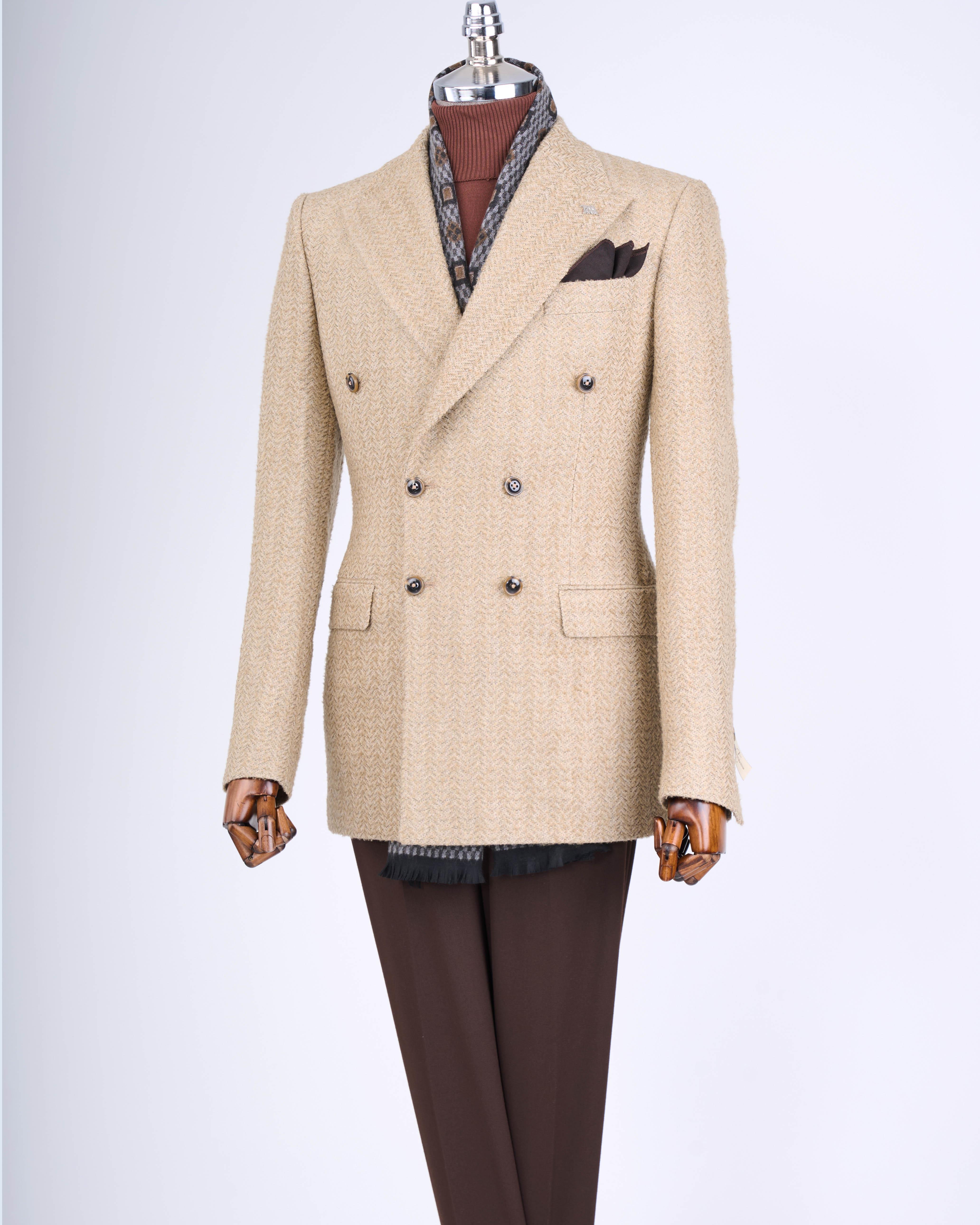 İtalyan stil slim fit 8 drop balıksırtı desen ceket bej T13441
