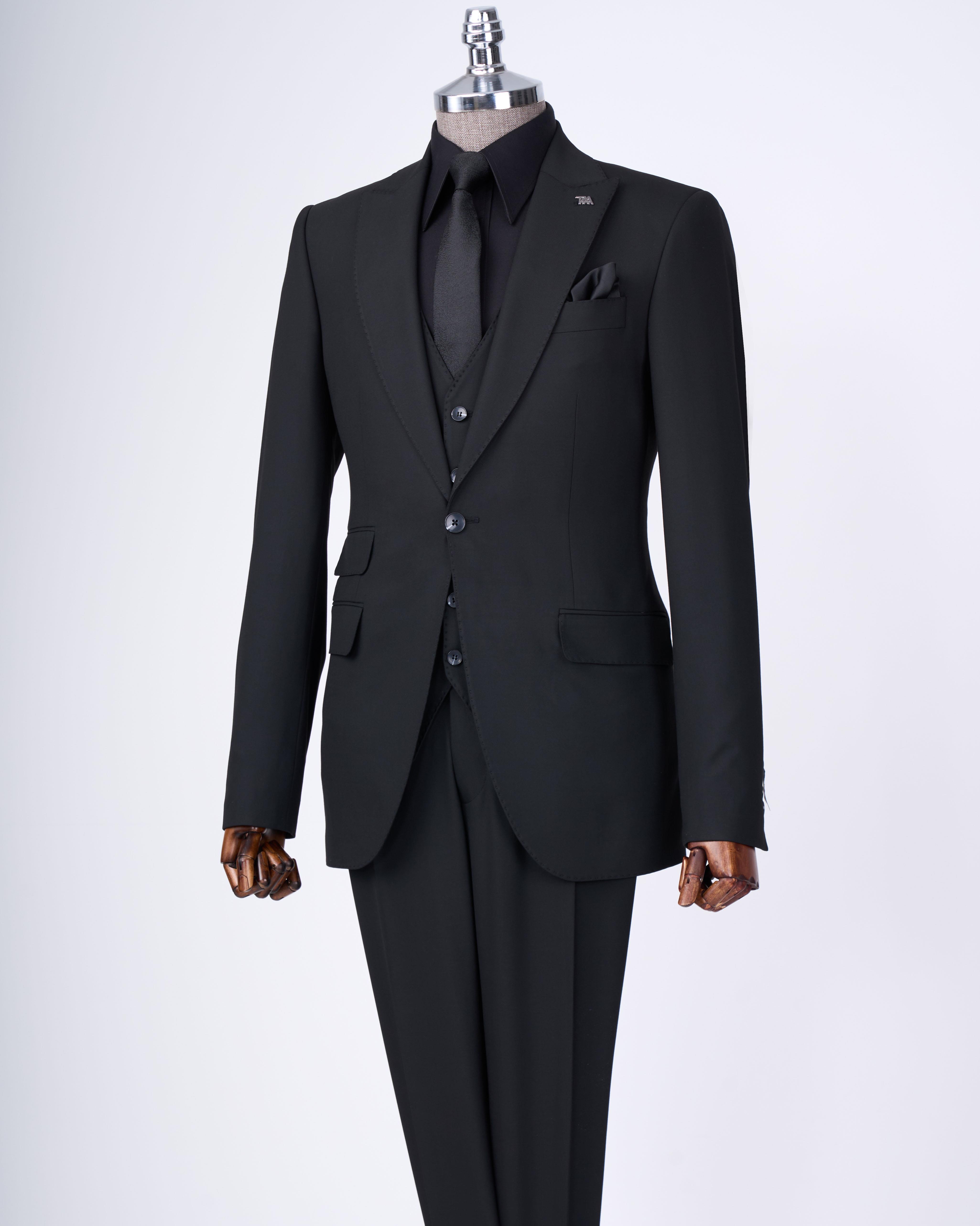 Italian style slim fit 8 drop jacket vest pants suit black T12730