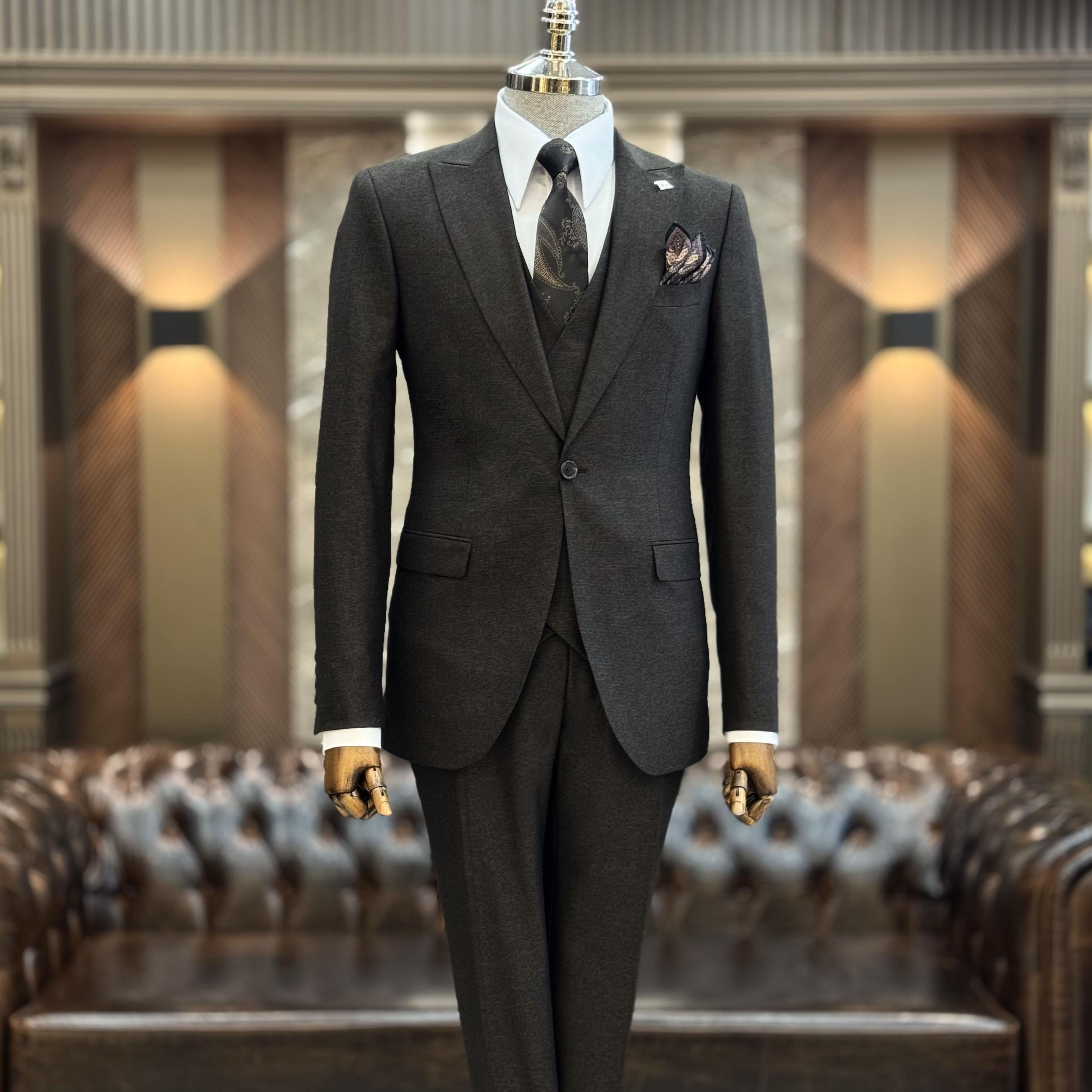 İtalyan stil slim fit 8 drop ceket yelek pantolon takım elbise kahverengi T9975