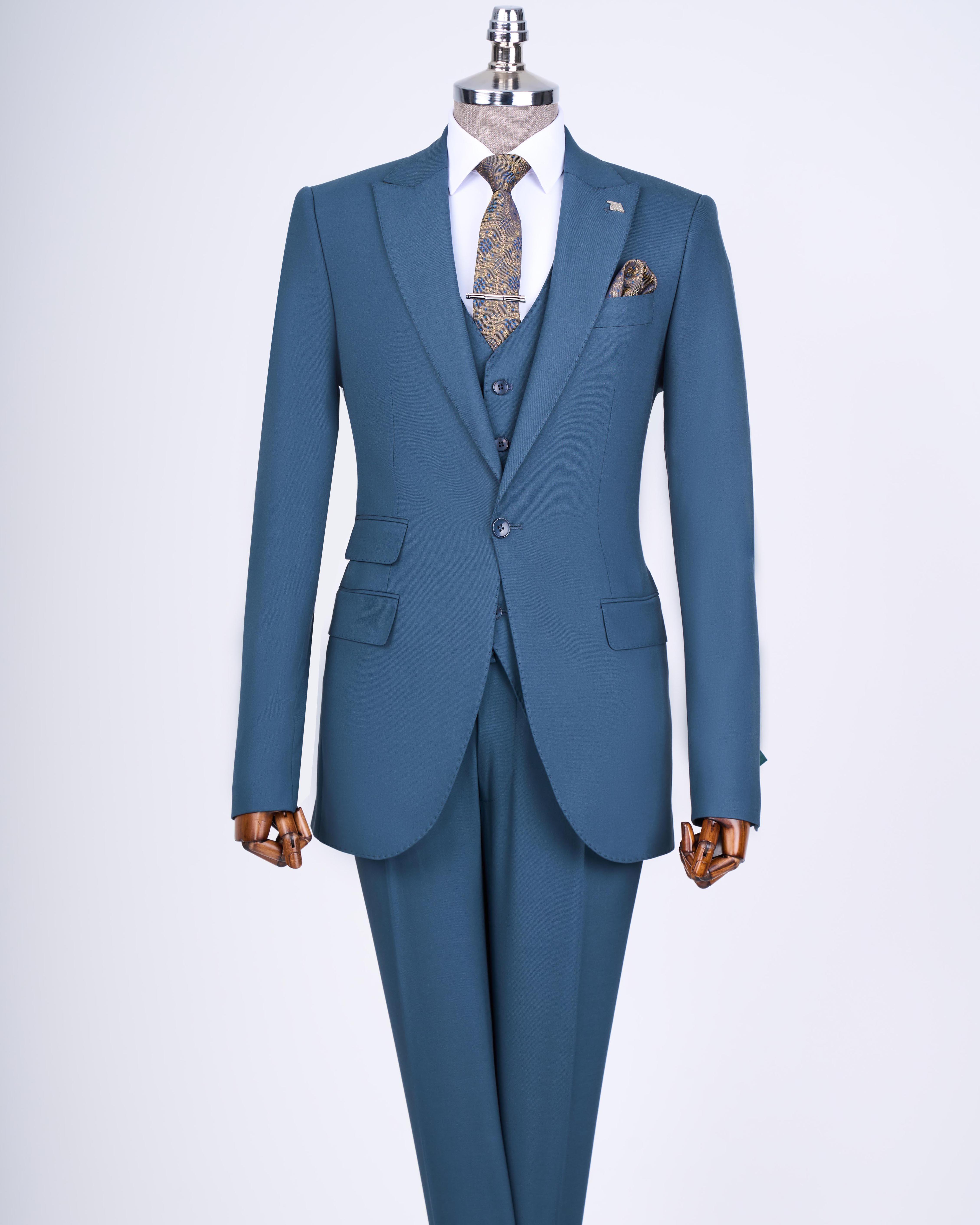 Italian style slim fit 8 drop jacket vest pants suit green T12631