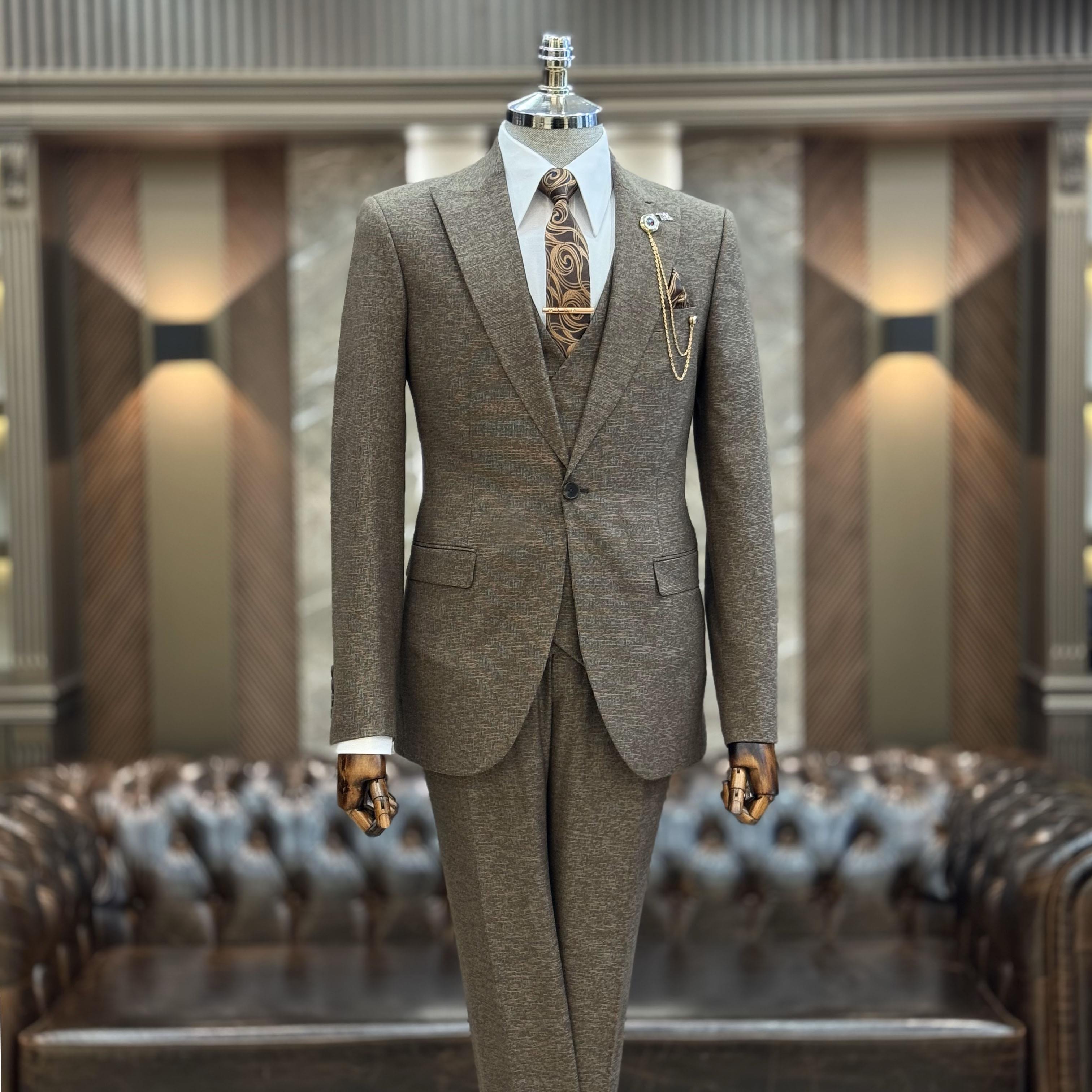 İtalyan stil slim fit 8 drop ceket yelek pantolon takım elbise kahverengi T9972