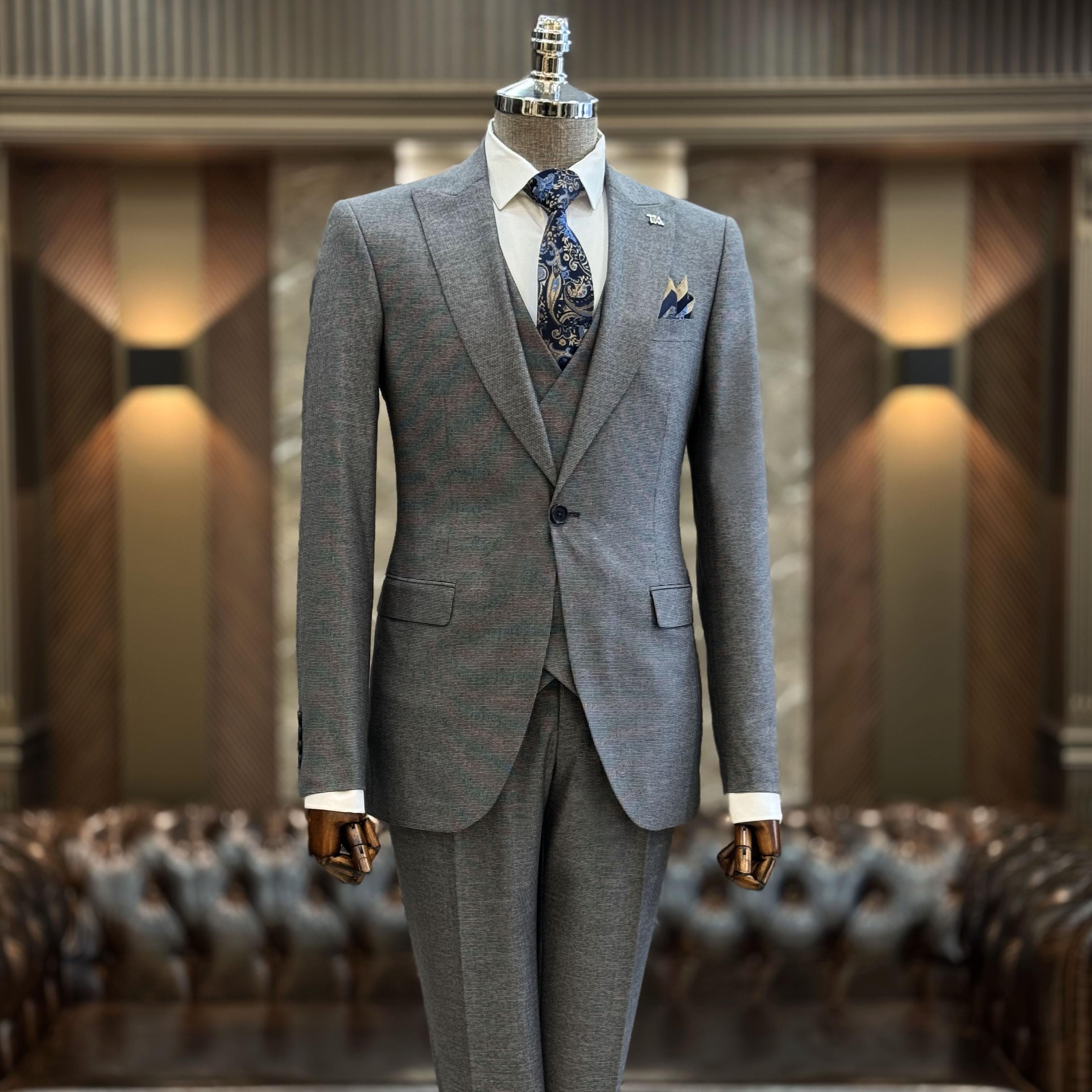 İtalyan stil slim fit 8 drop ceket yelek pantolon takım elbise kahverengi T9979