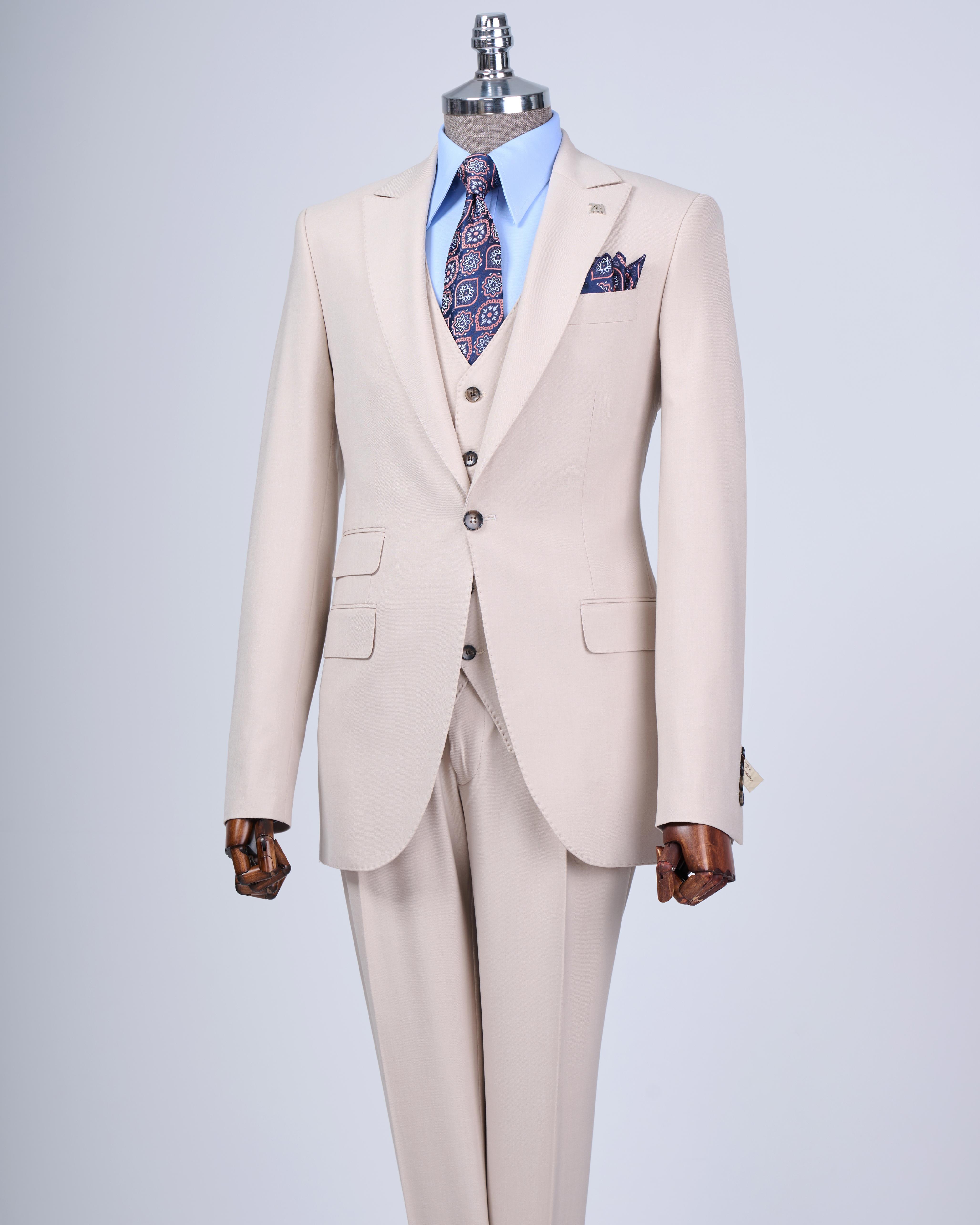 İtalyan stil slim fit 8 drop ceket yelek pantolon takım elbise bej T12633