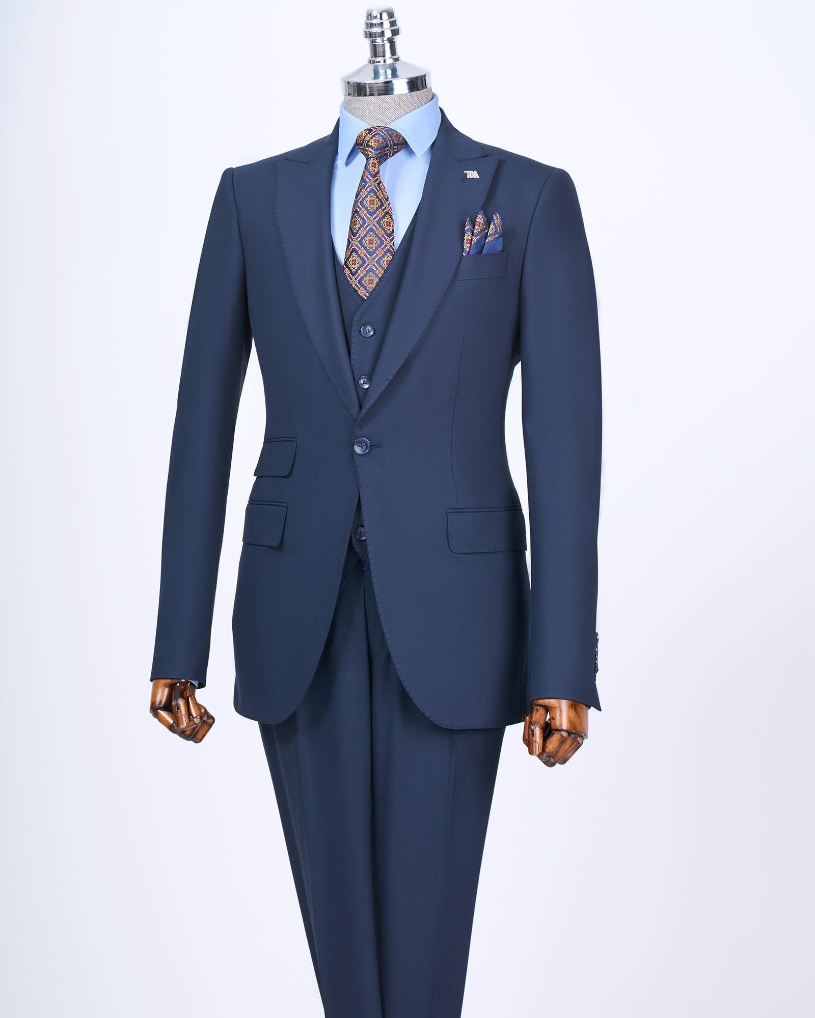 İtalyan stil slim fit 8 drop ceket yelek pantolon takım elbise lacivert T12728