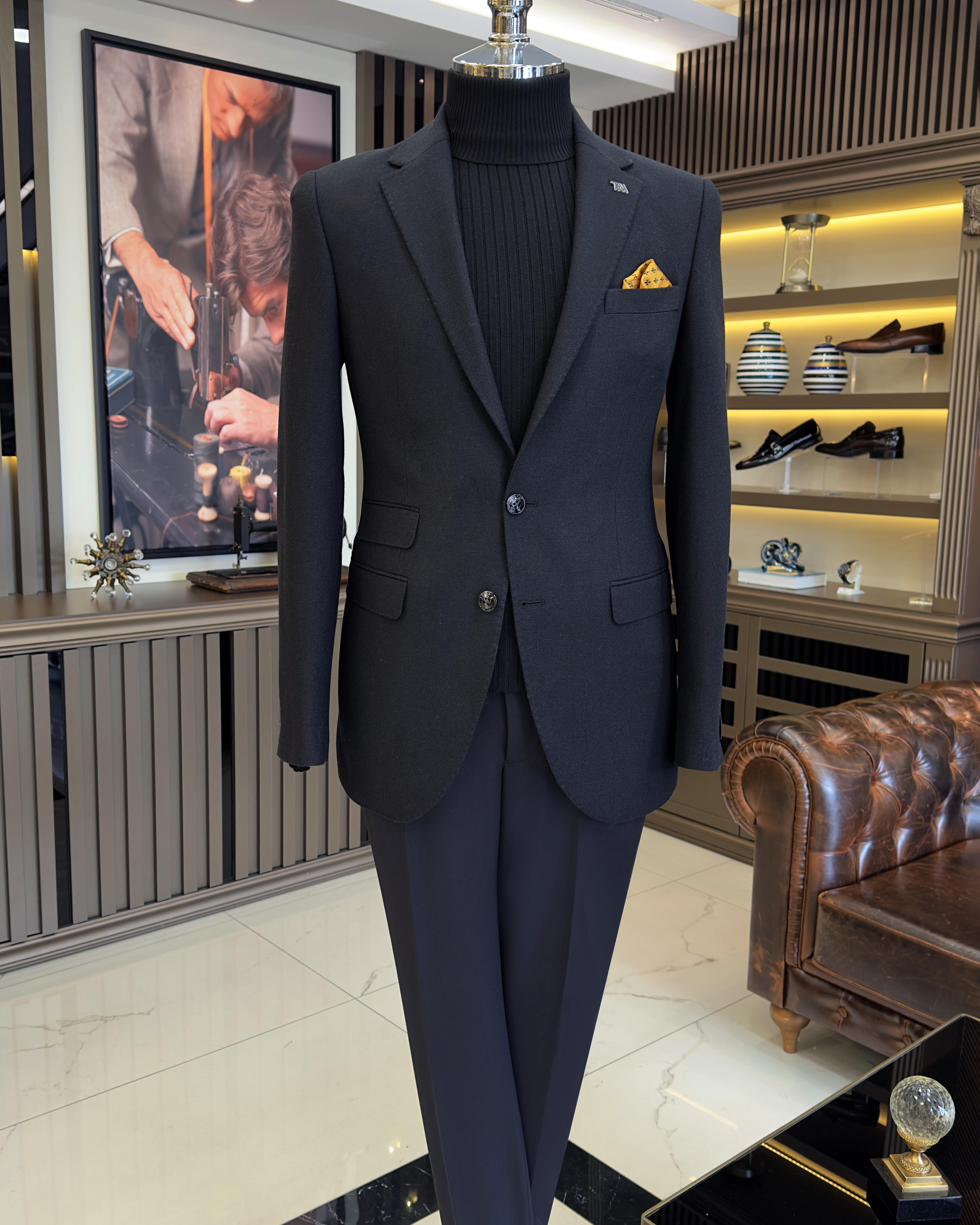 Italian style slim fit 8 drop mono collar men's jacket black T10989