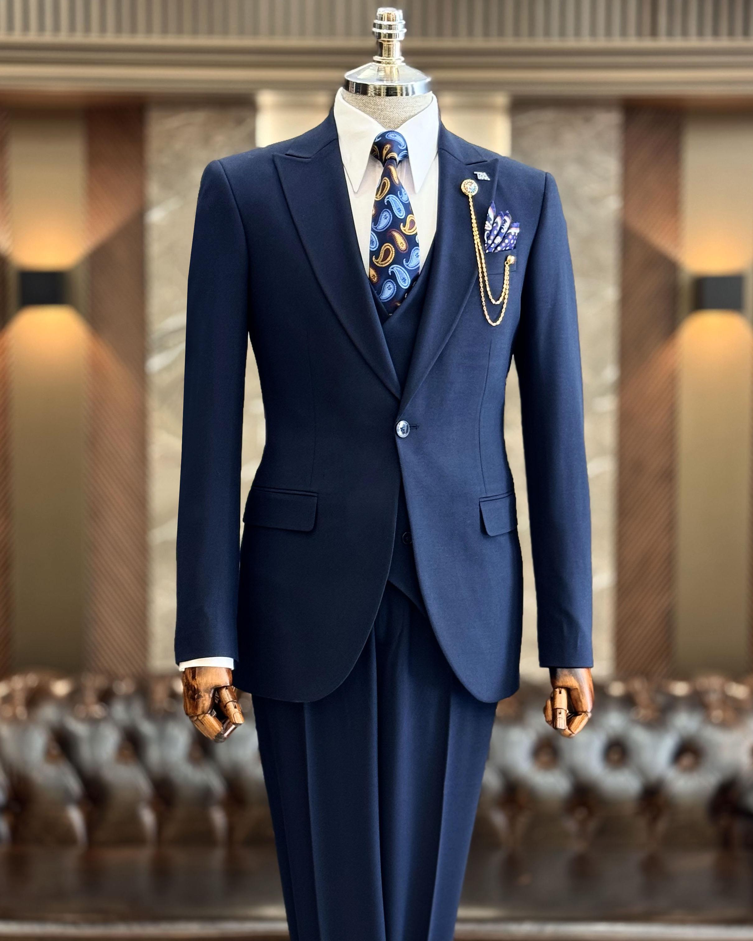 İtalyan stil slim fit armürlü ceket yelek pantolon takım elbise lacivert T11539