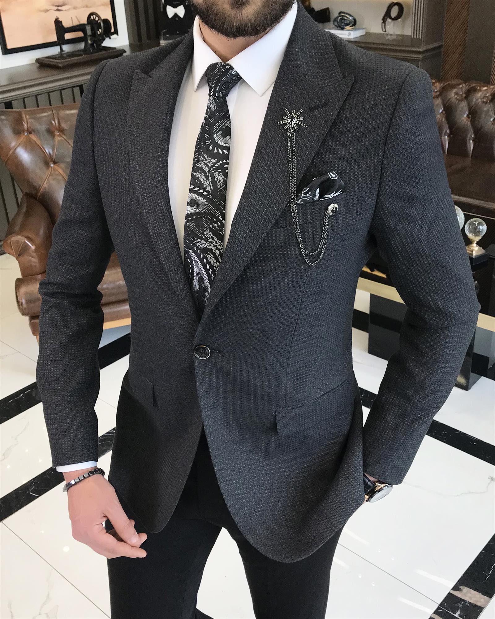 İtalyan stil slim fit armürlü erkek ceket antrasit T9660