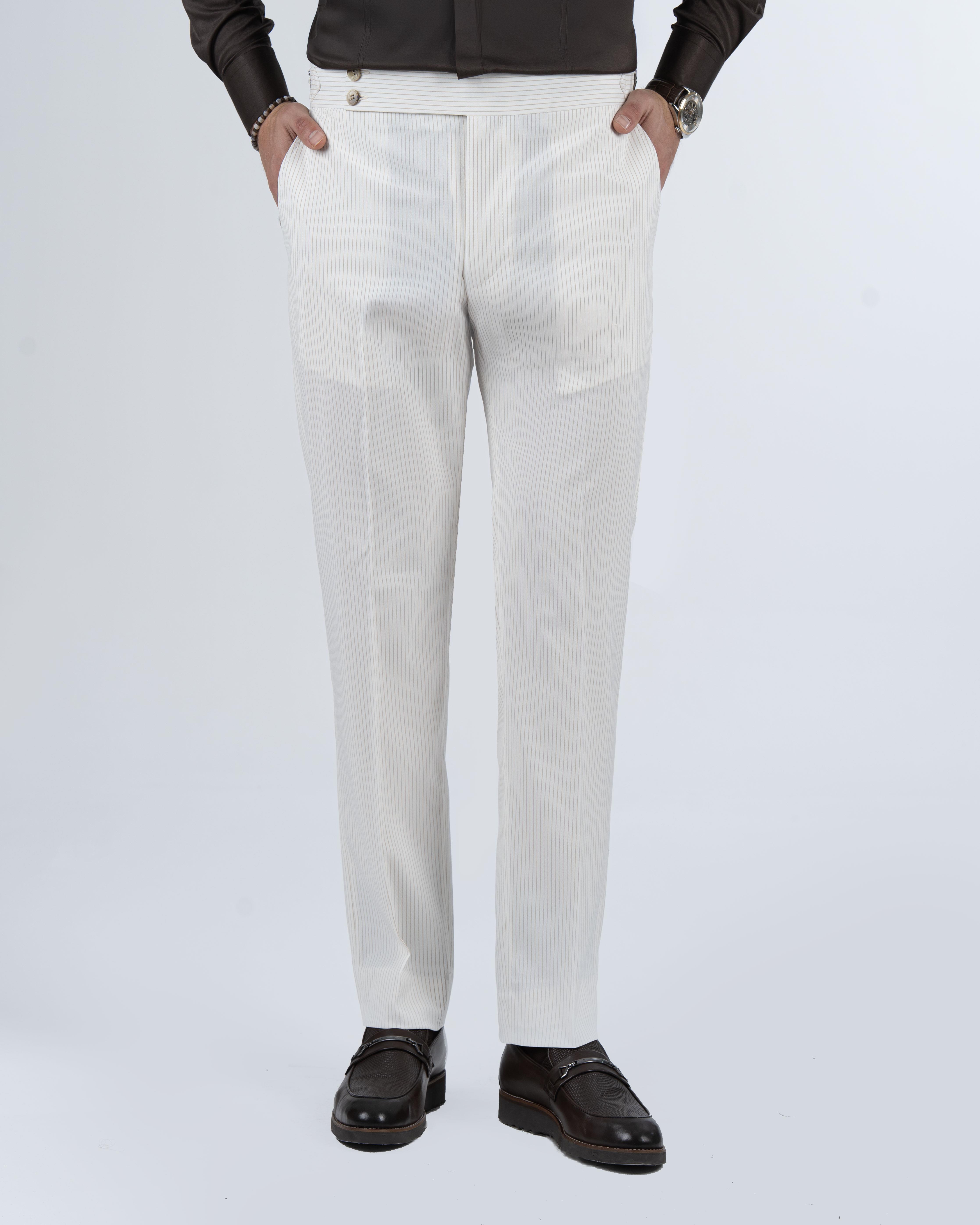 İtalyan stil slim fit bel detaylı çizgili erkek pantalon bej T13685