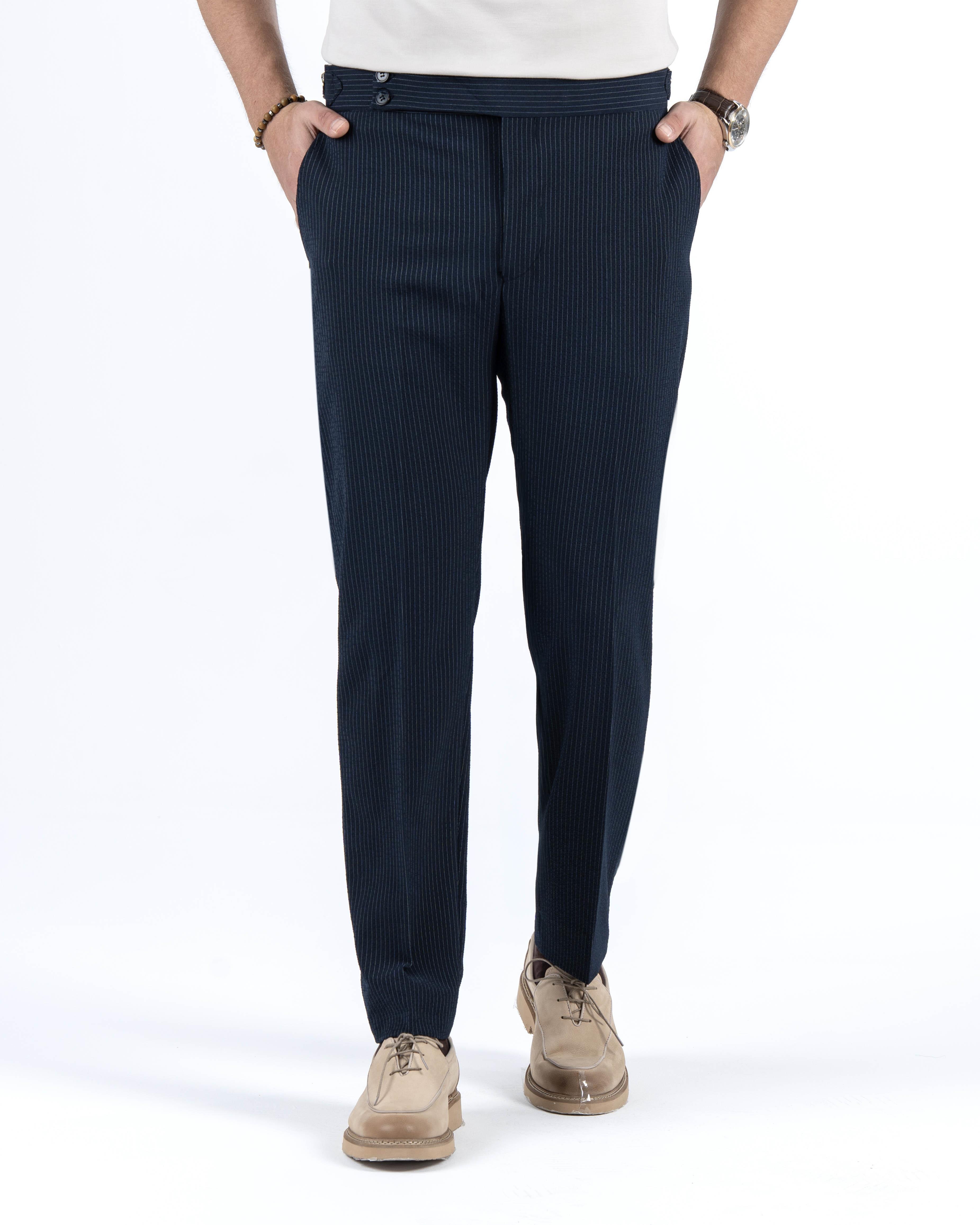 İtalyan stil slim fit bel detaylı çizgili erkek pantalon lacivert T13684