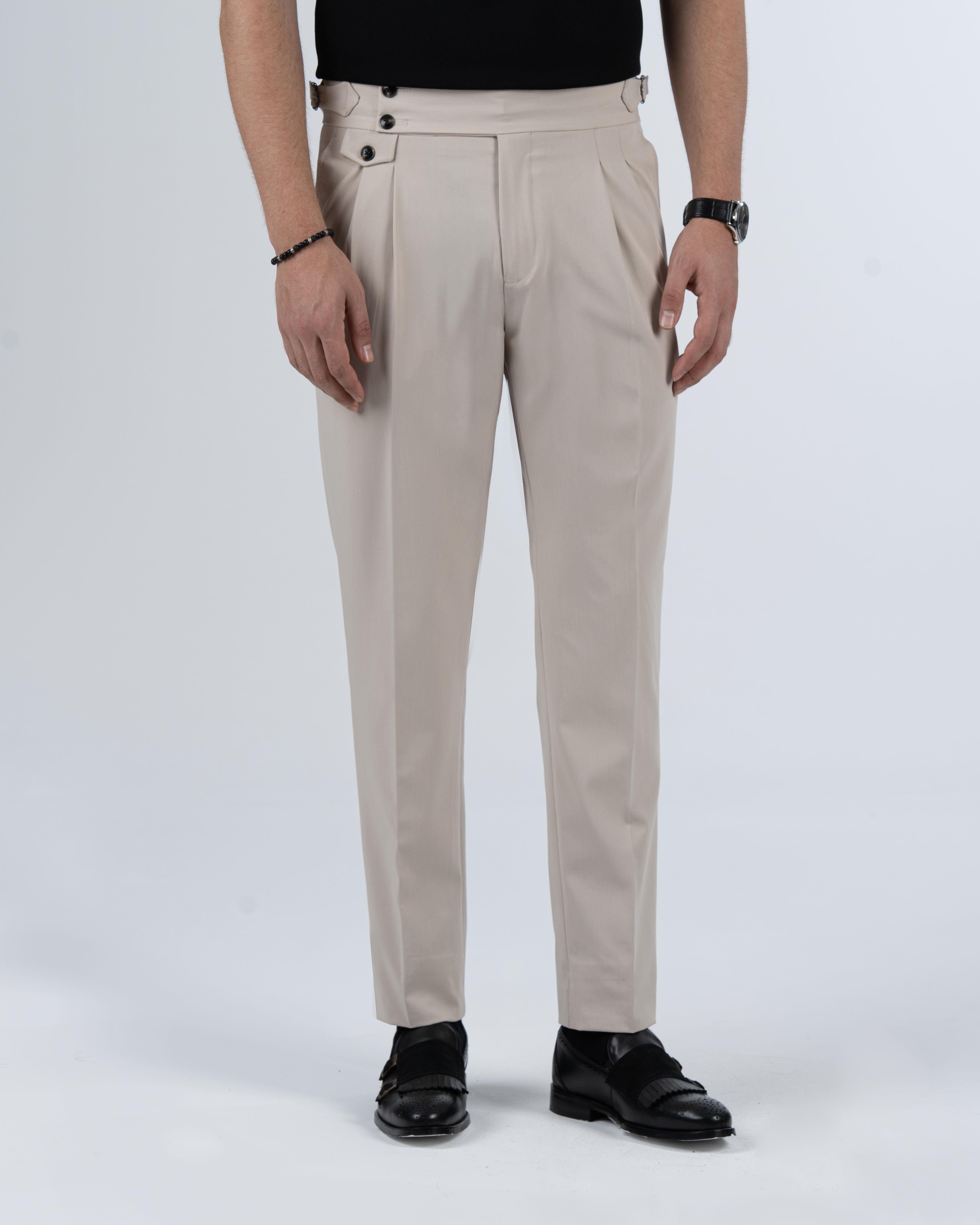 İtalyan stil slim fit bel detaylı erkek pantalon bej T13706