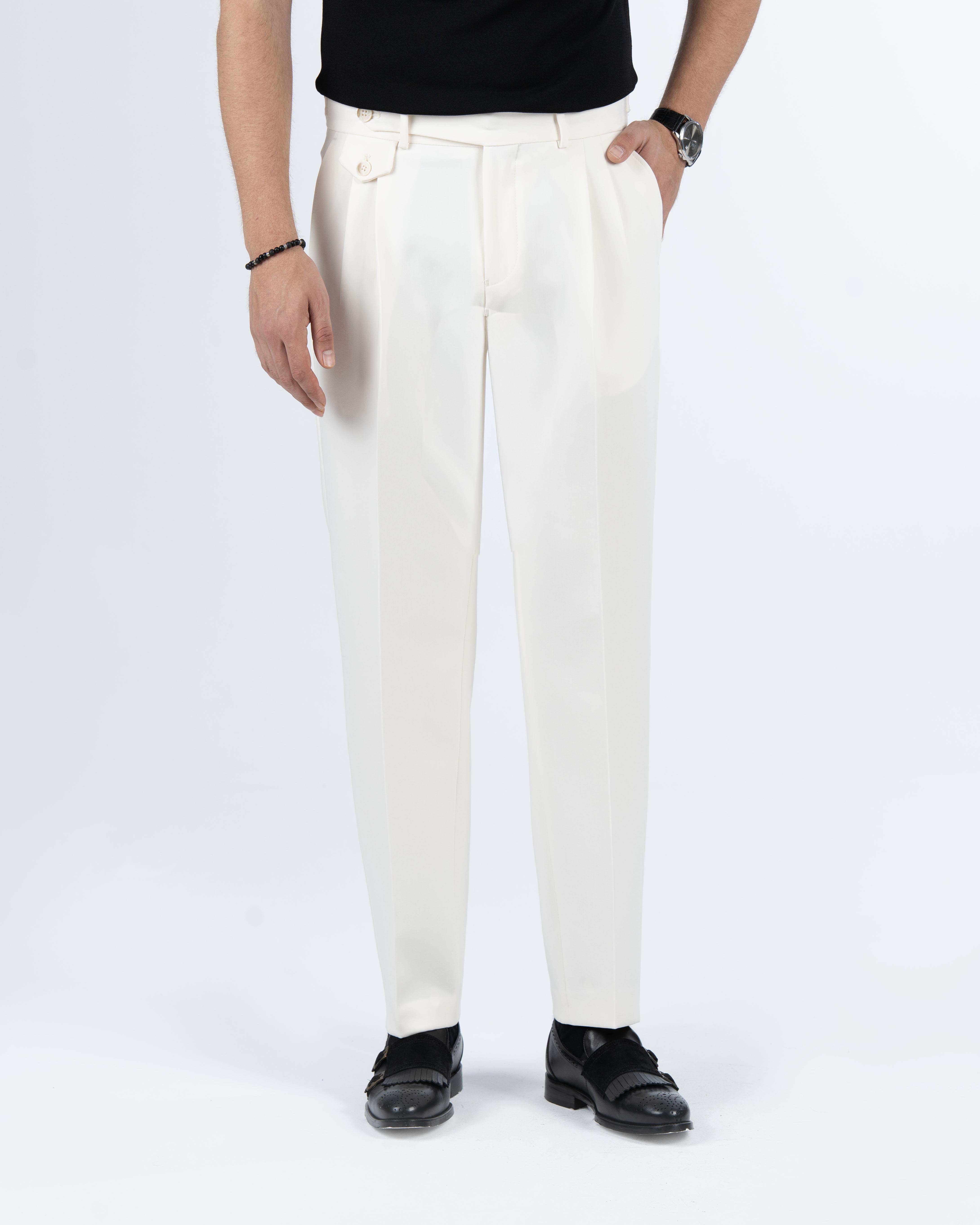 İtalyan stil slim fit bel detaylı erkek pantolon ekru T14137