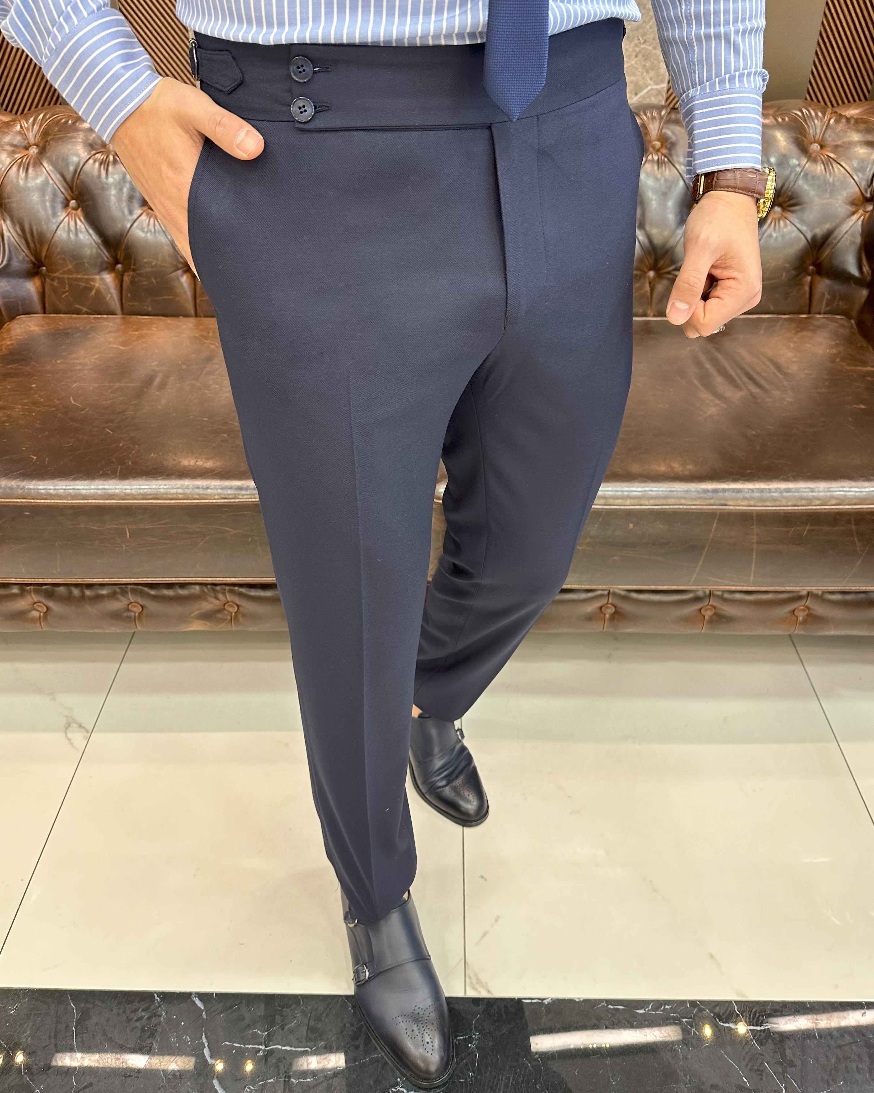 İtalyan stil slim fit bel detaylı erkek pantolon lacivert T11436