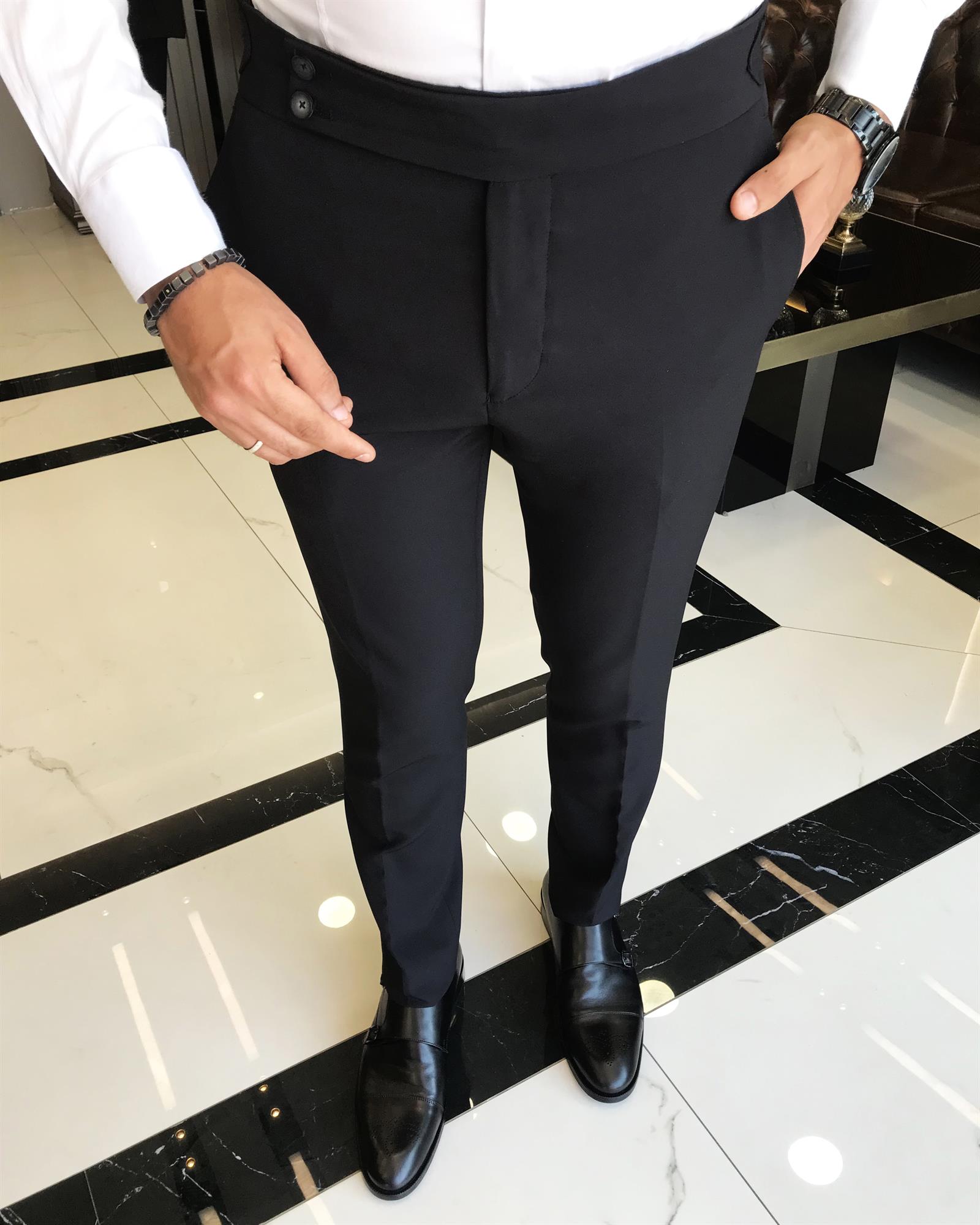 İtalyan stil slim fit bel detaylı erkek pantolon siyah T9770