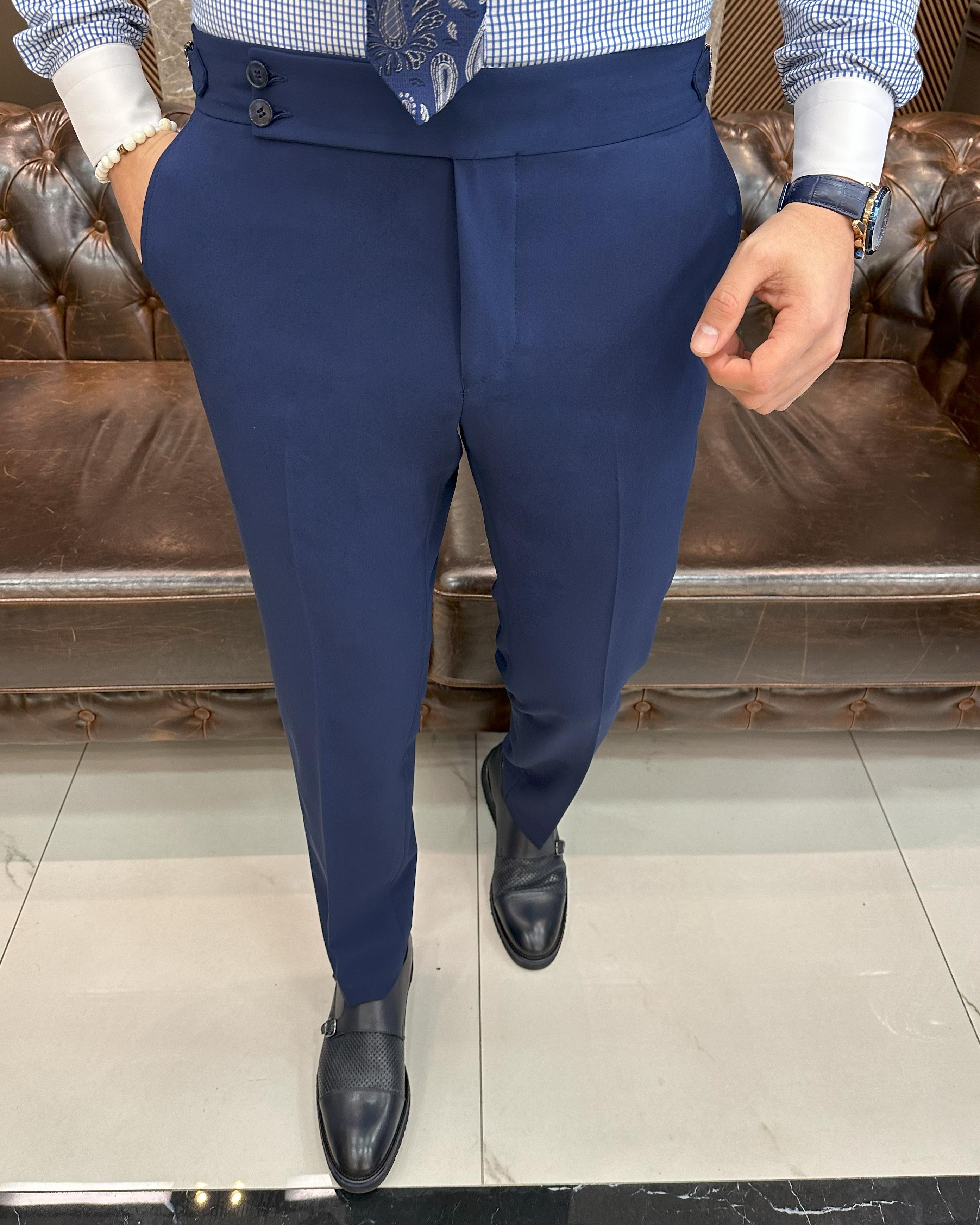 İtalyan stil slim fit bel detaylı erkek pantolon lacivert T11428