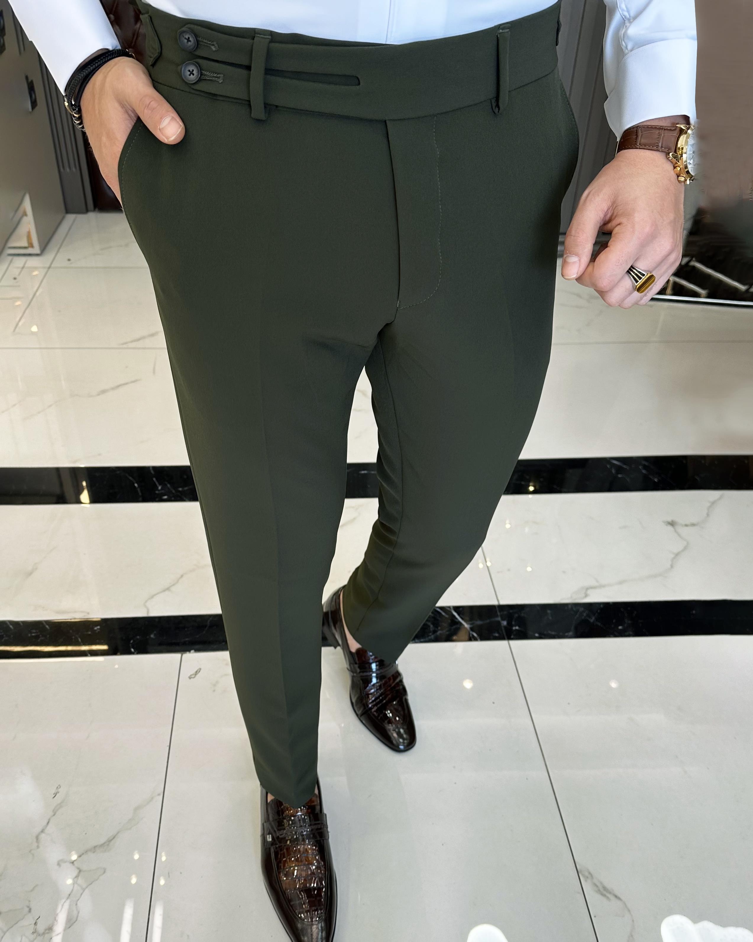 İtalyan stil slim fit bel detaylı erkek pantolon Yeşil T9938