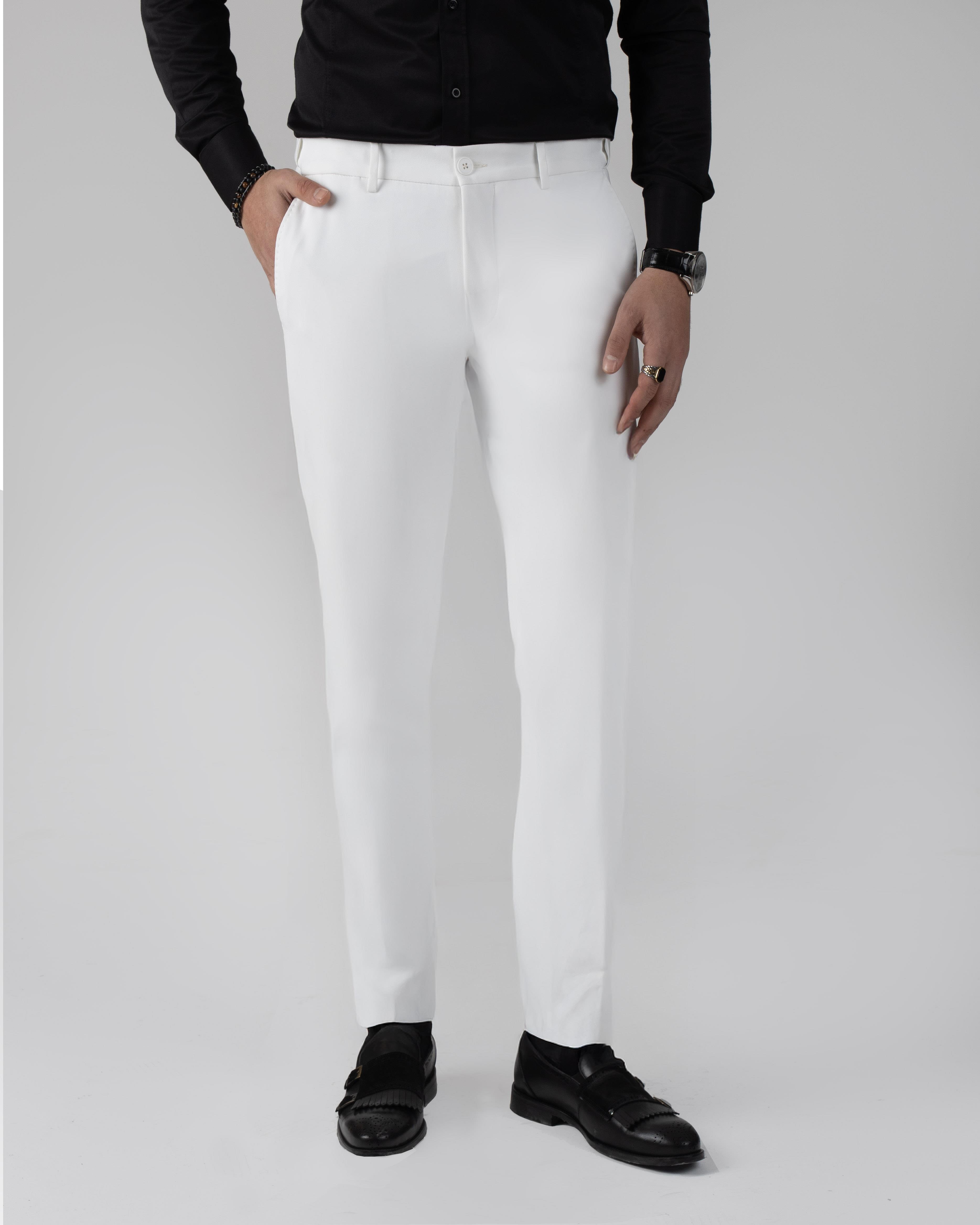 İtalyan stil slim fit bel detaylı erkek pantolon beyaz T13954