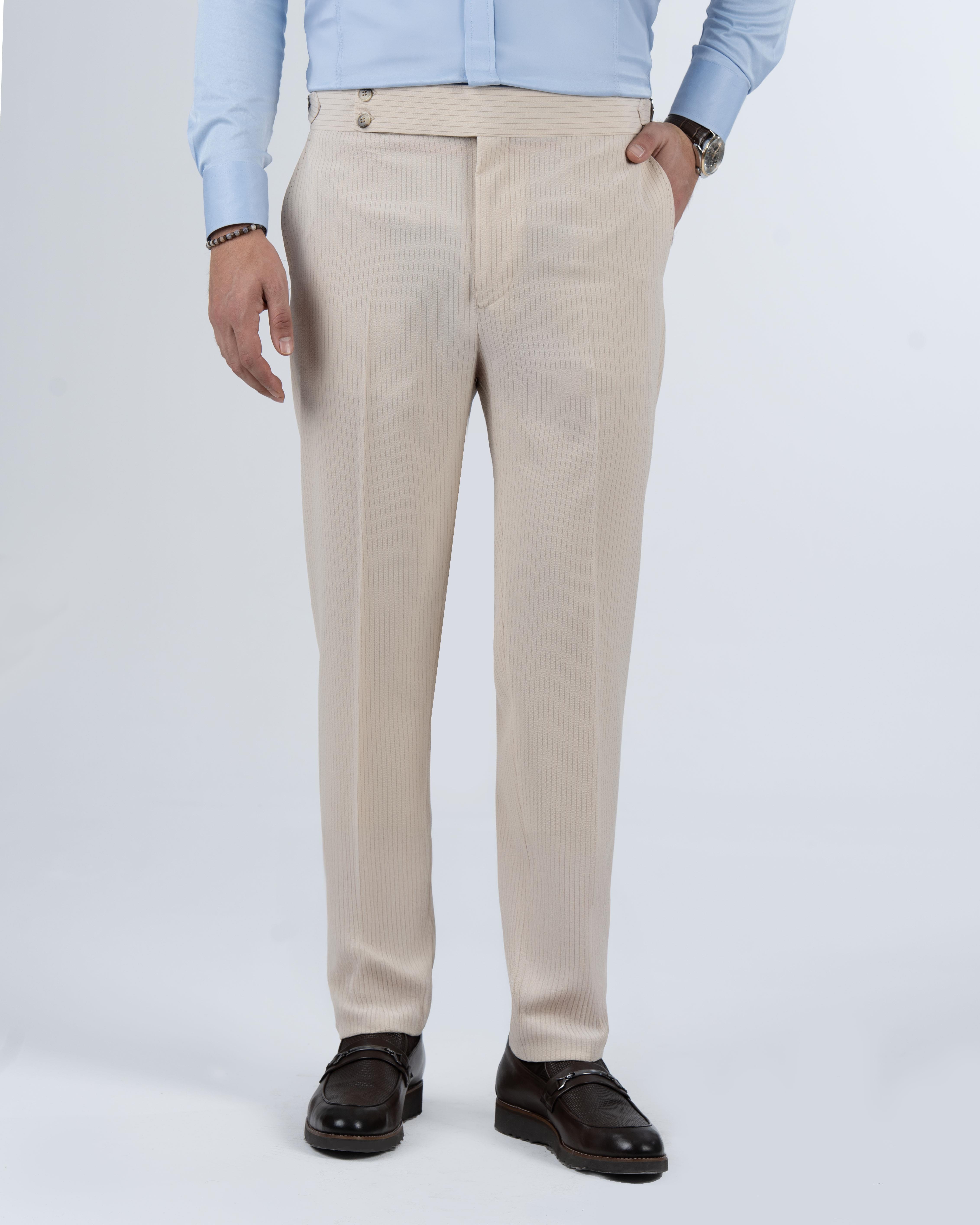 İtalyan stil slim fit bel detaylı gofre kumaş erkek pantolon bej T13956