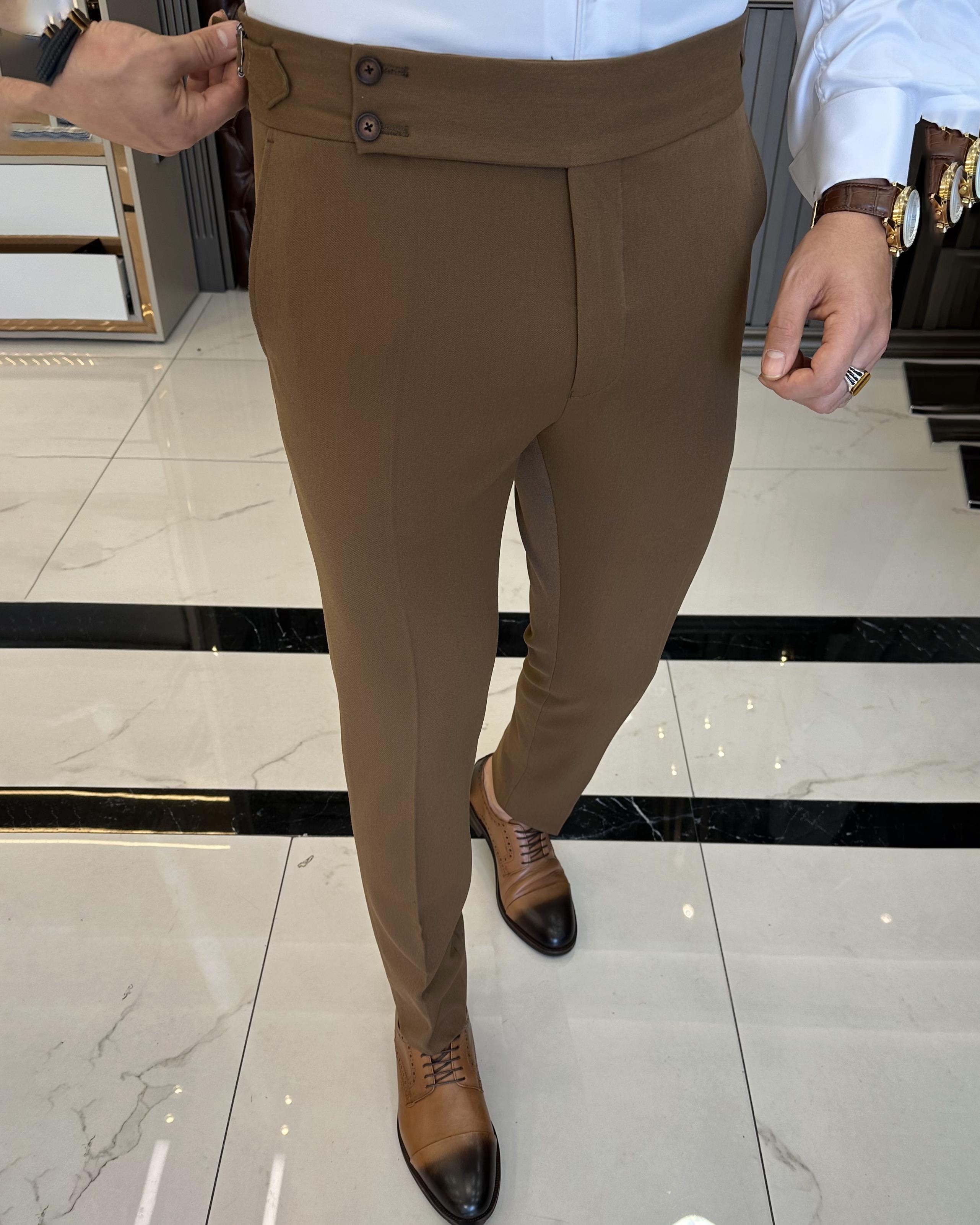 İtalyan stil slim fit bel detaylı kalın kumaş erkek pantolon kahverengi T9894