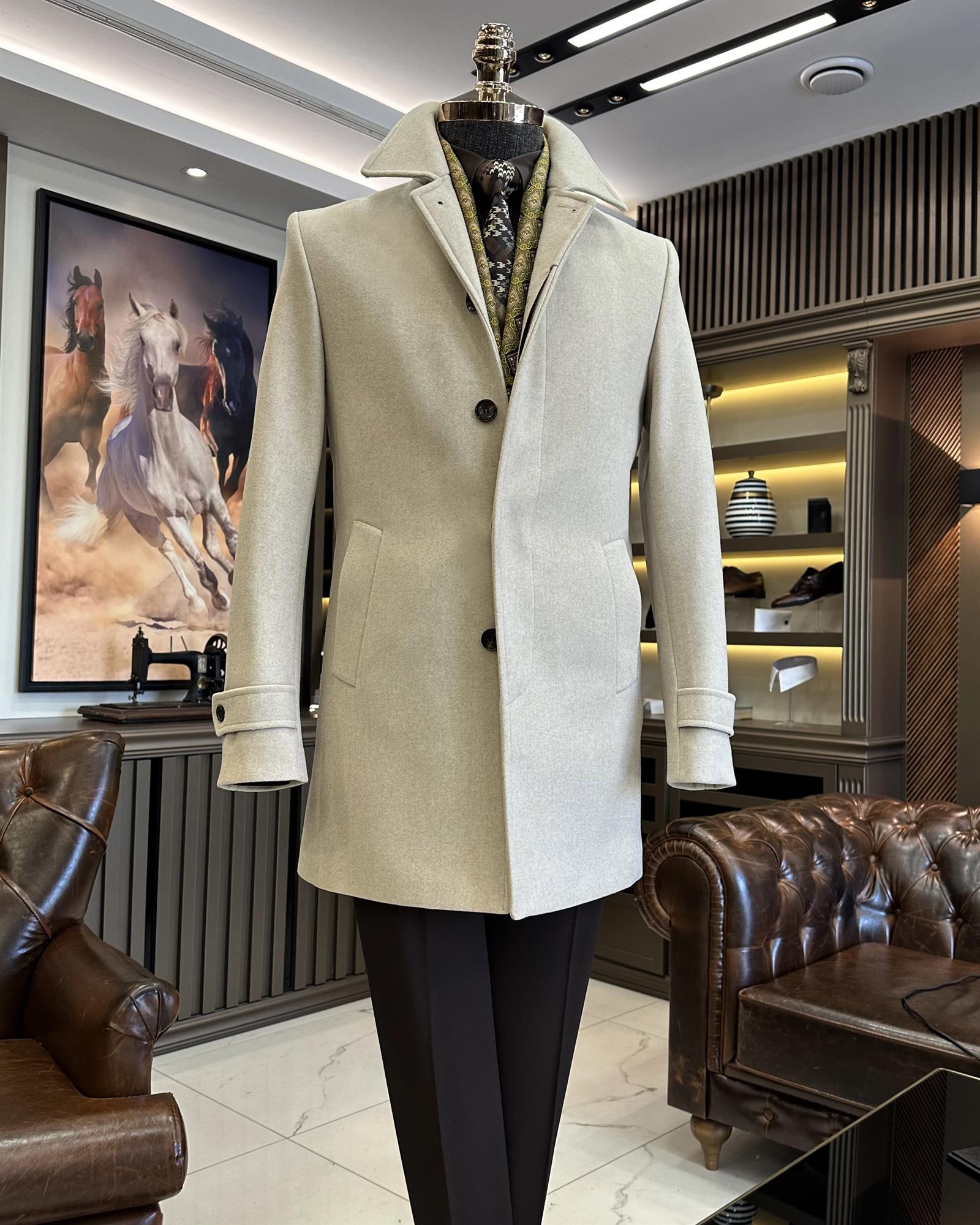 İtalyan stil slim fit bel kemerli yün erkek kaban bej T10047