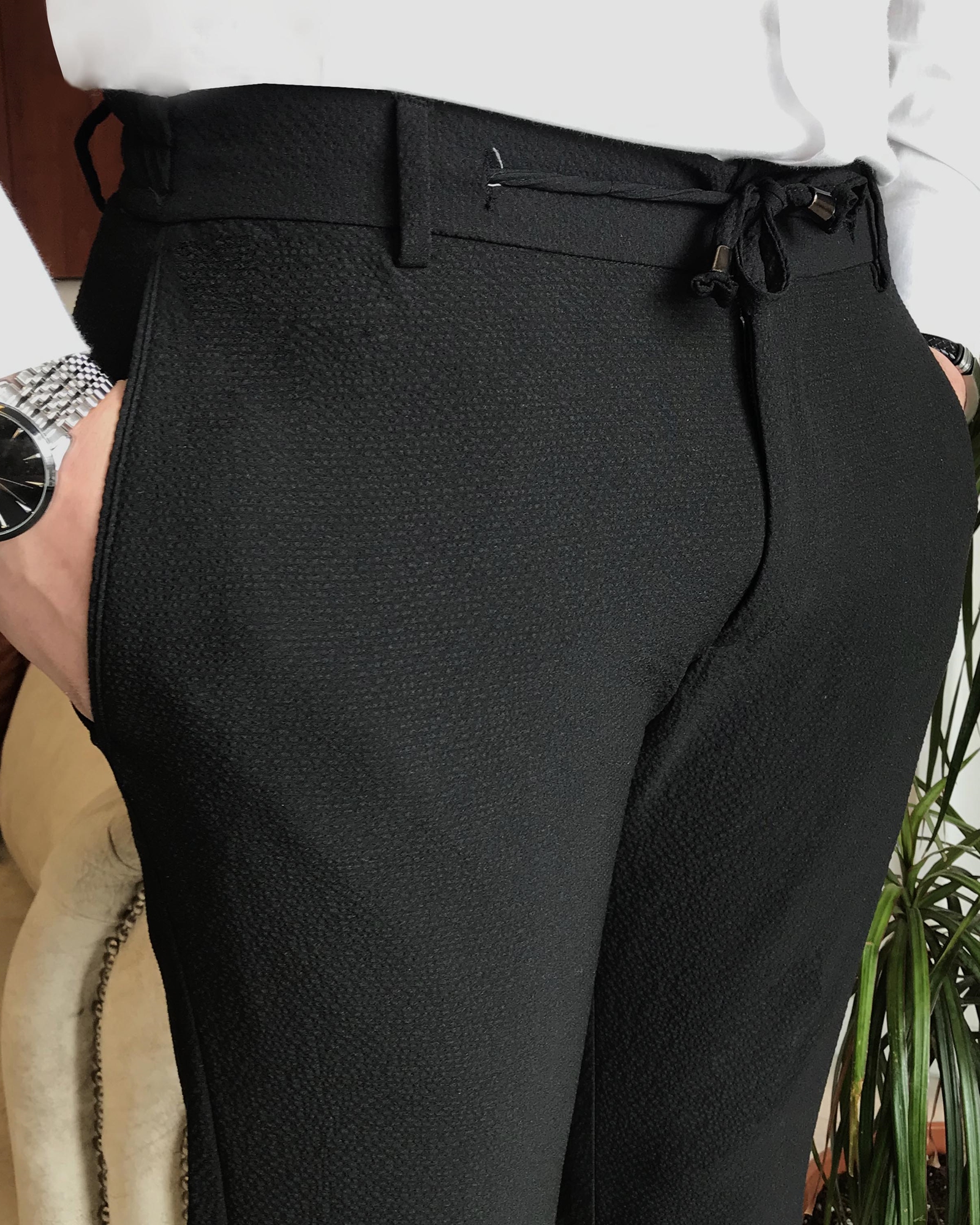 italyan stil slim fit beli bağcıklı erkek pantolon siyah T7135