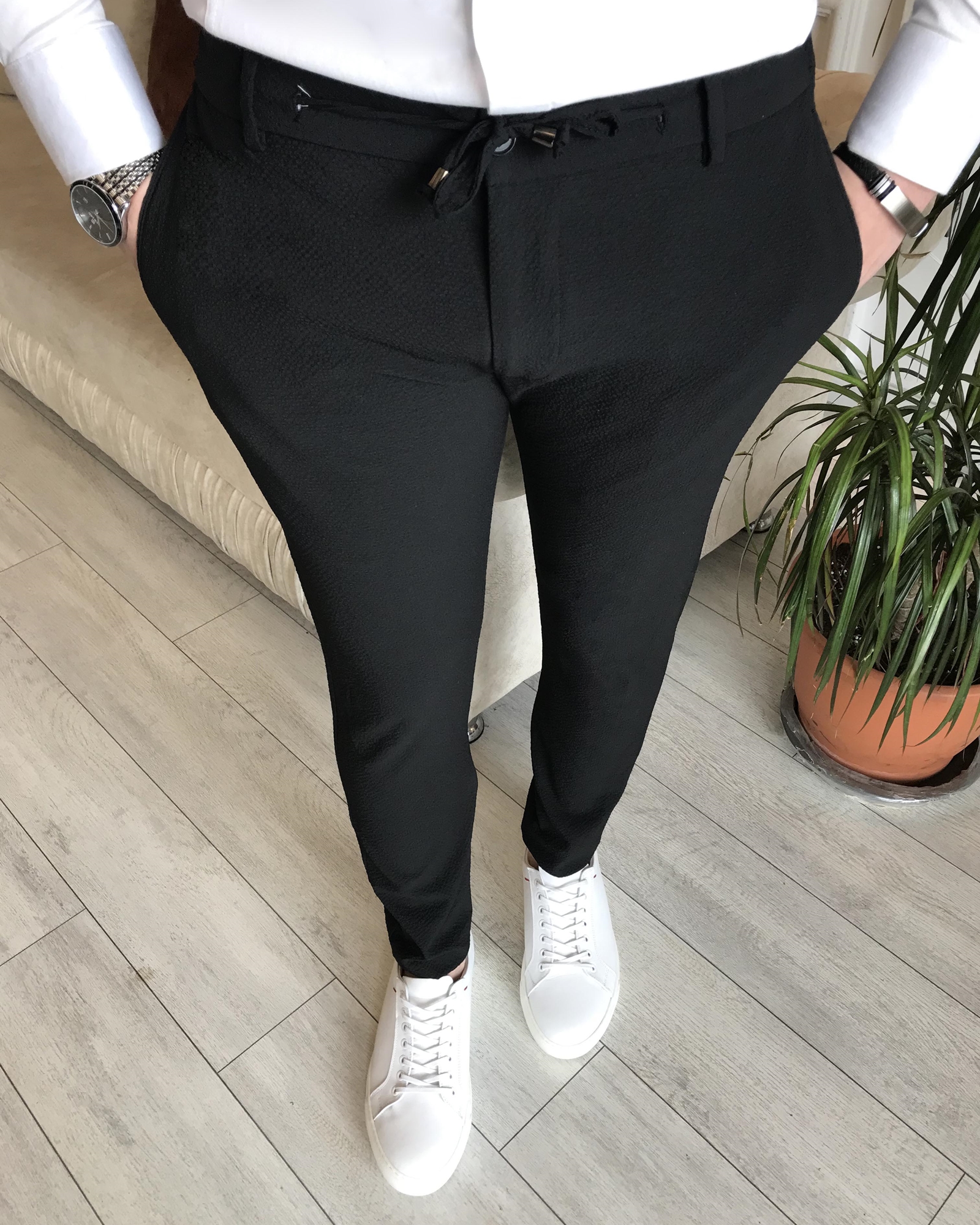 italyan stil slim fit beli bağcıklı erkek pantolon siyah T7135