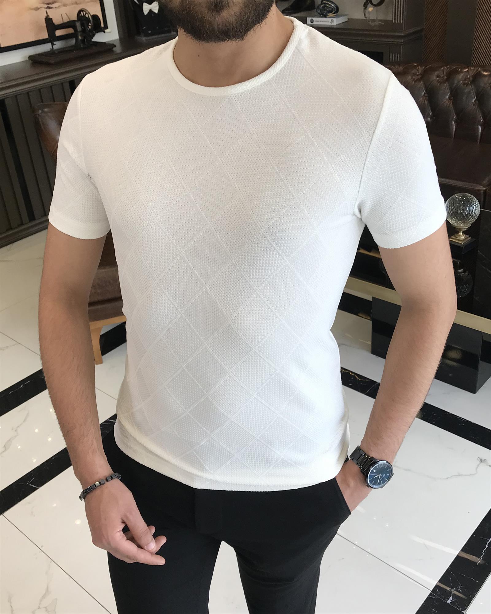Italian style slim fit crew neck lozenge cotton T-shirt ecru T9399