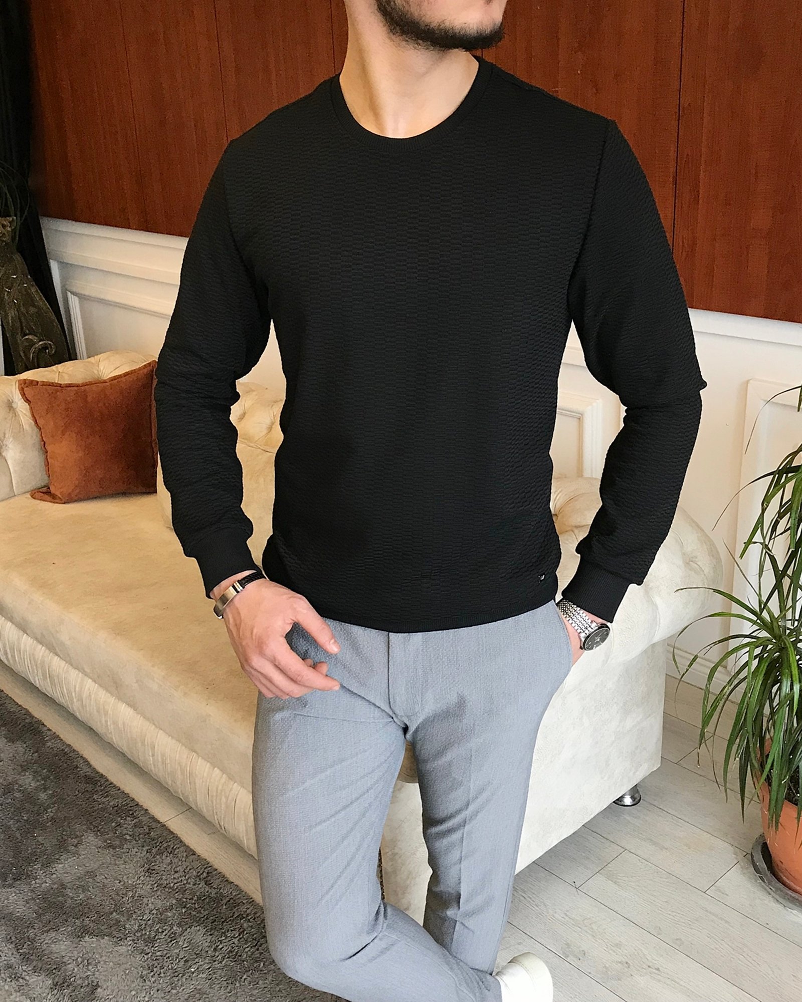 İtalyan stil slim fit bisiklet yaka desenli sweatshirt siyah T7117