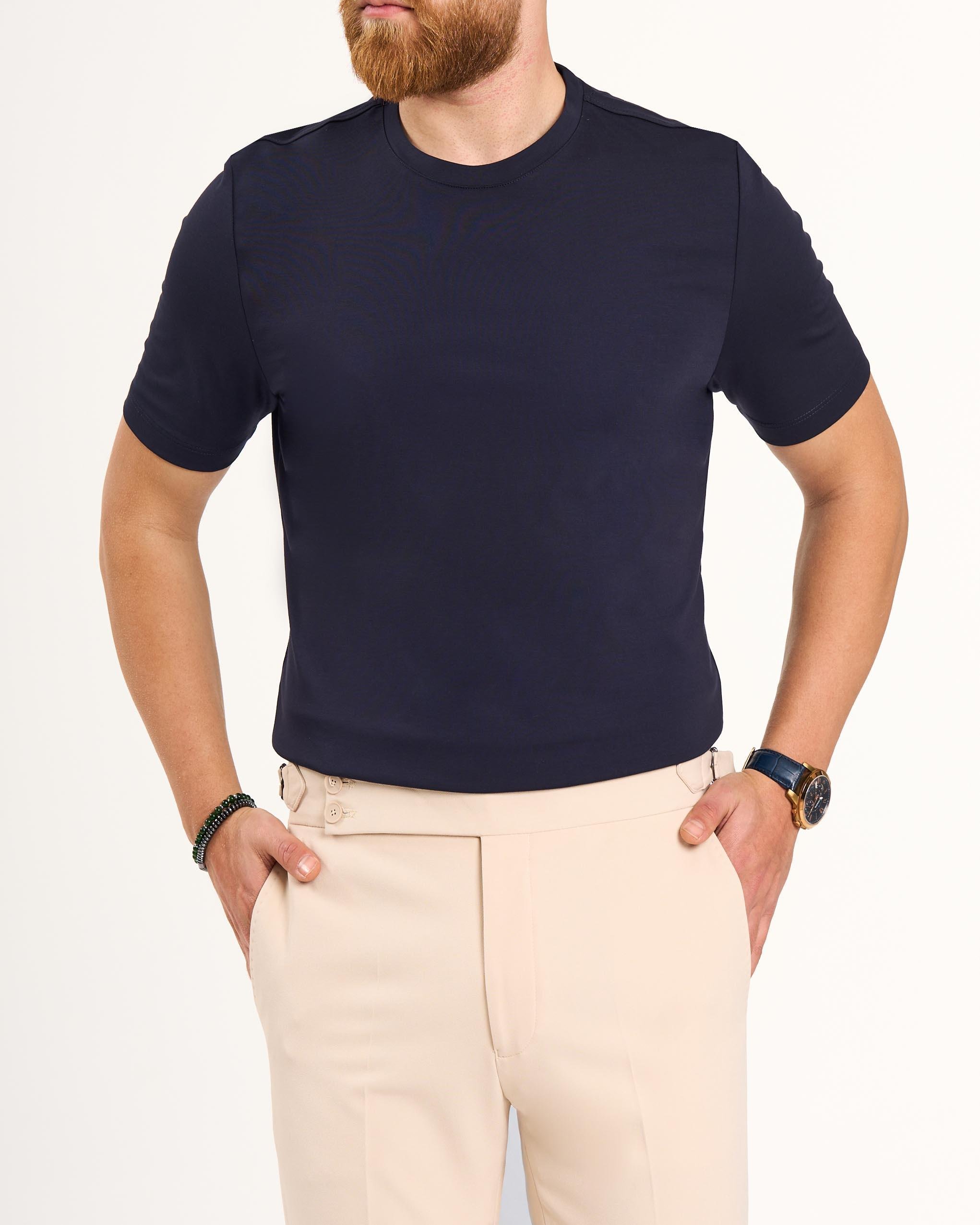İtalyan stil slim fit bisiklet yaka triko tişört lacivert T13766