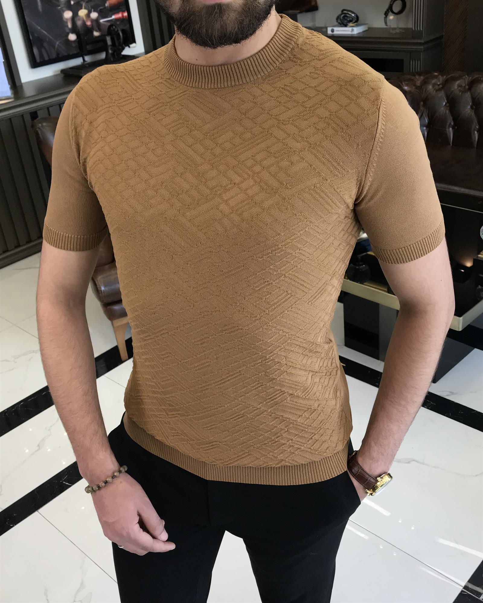 İtalyan stil slim fit bisiklet yaka triko tişört camel T9496