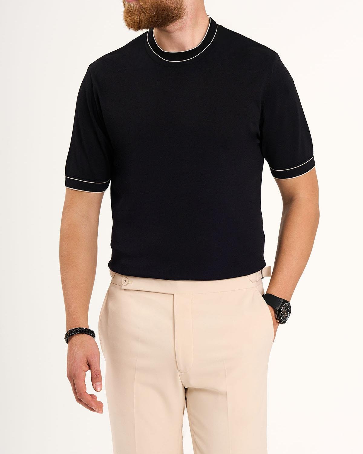 İtalyan stil slim fit bisiklet yaka triko tişört siyah T13761