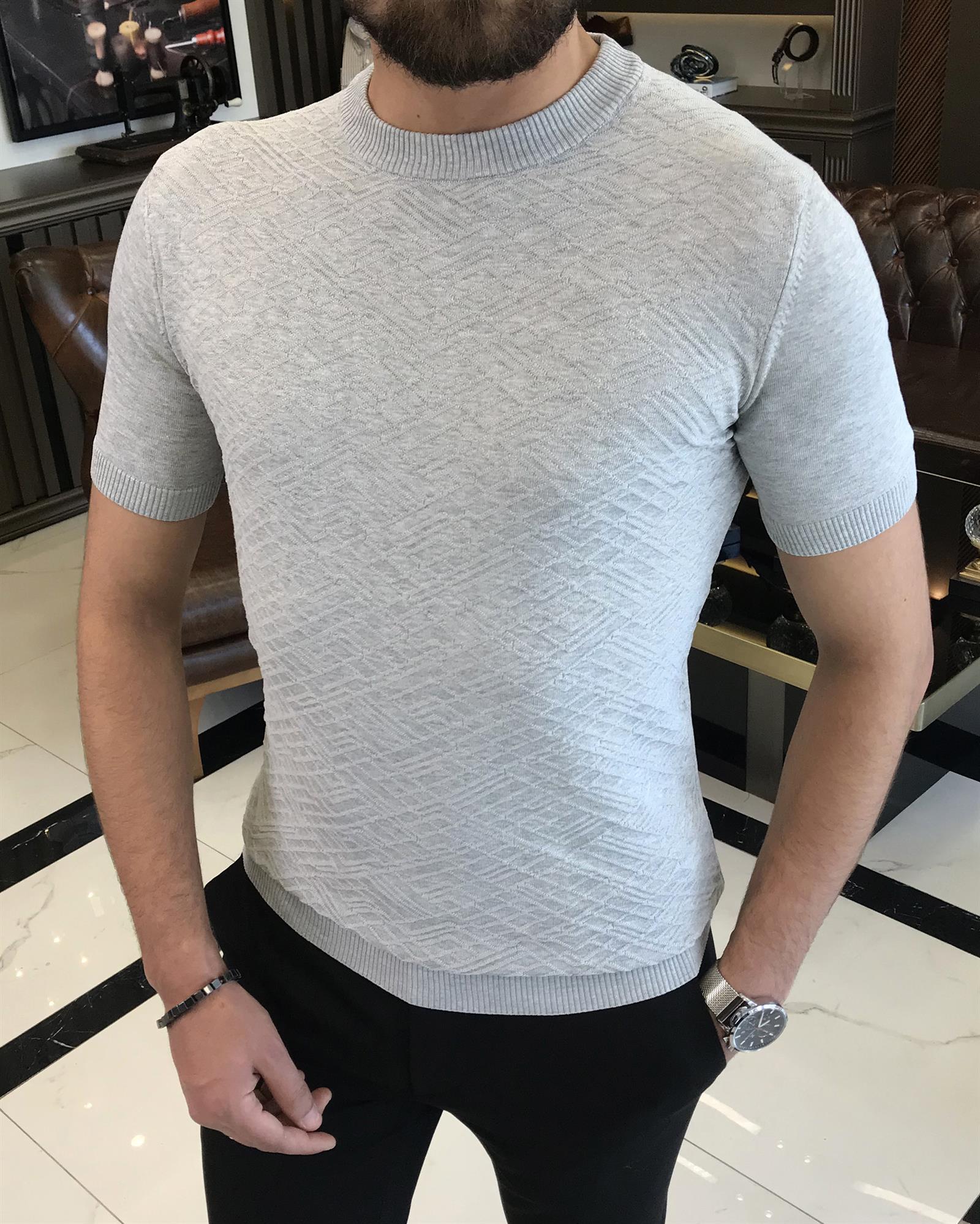 İtalyan stil slim fit bisiklet yaka triko tişört gri T9492