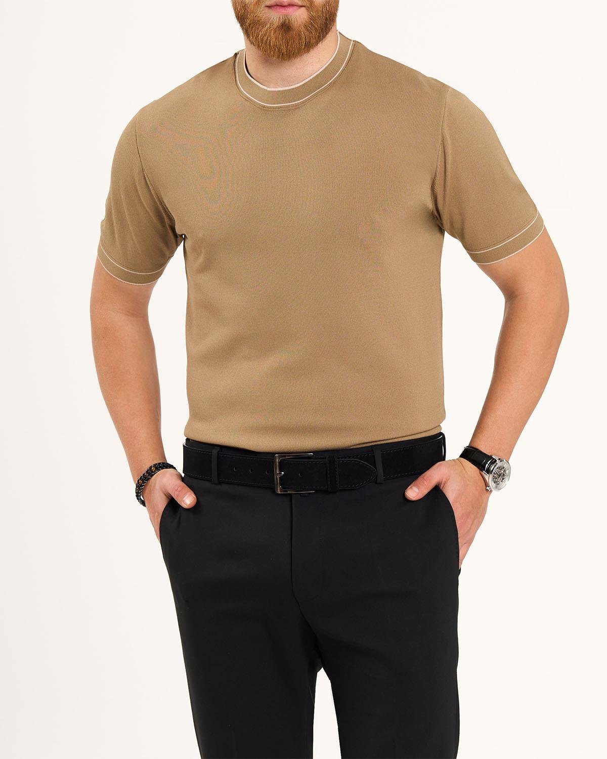 İtalyan stil slim fit bisiklet yaka triko tişört taba T13762
