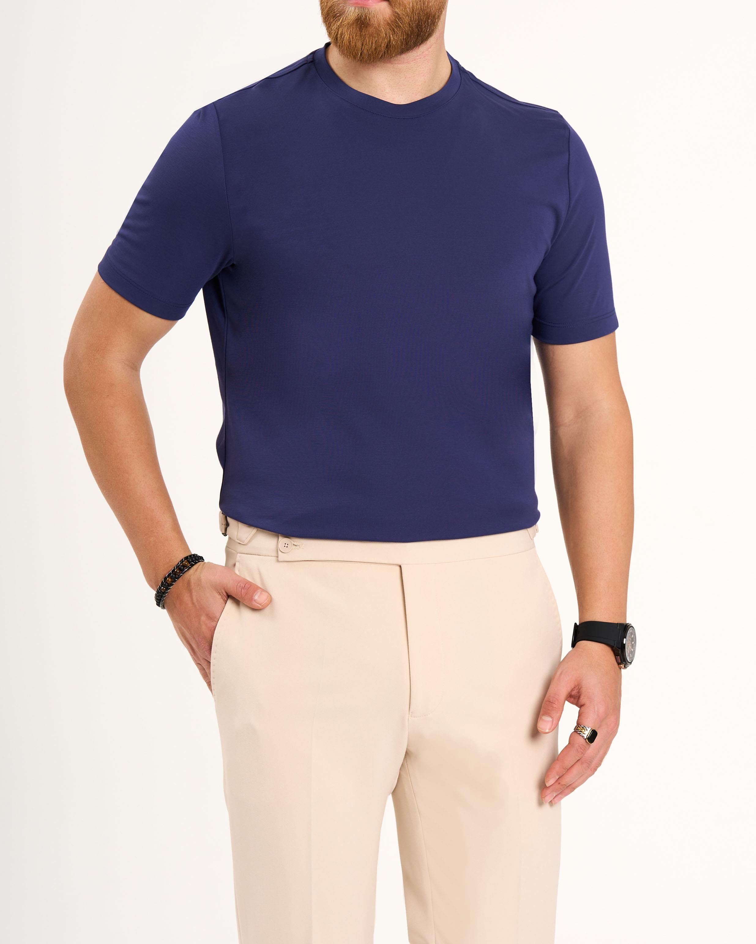 İtalyan stil slim fit bisiklet yaka triko tişört indigo T13769