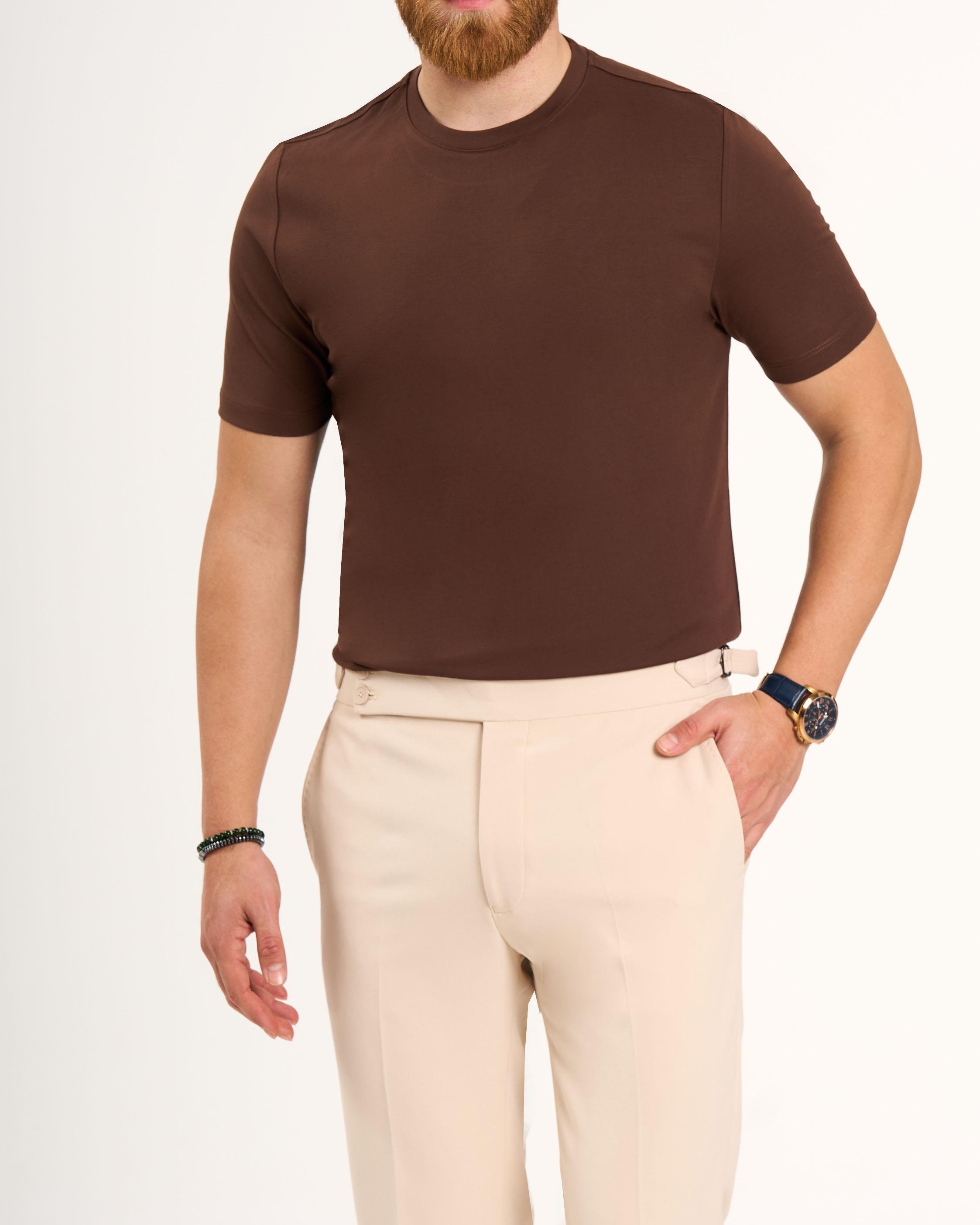 İtalyan stil slim fit bisiklet yaka triko tişört kahverengi T13770