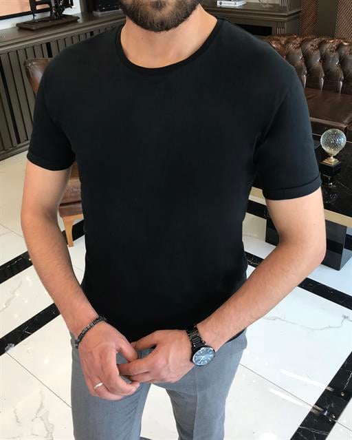 İtalyan stil slim fit bisiklet yaka triko tişört siyah T12034