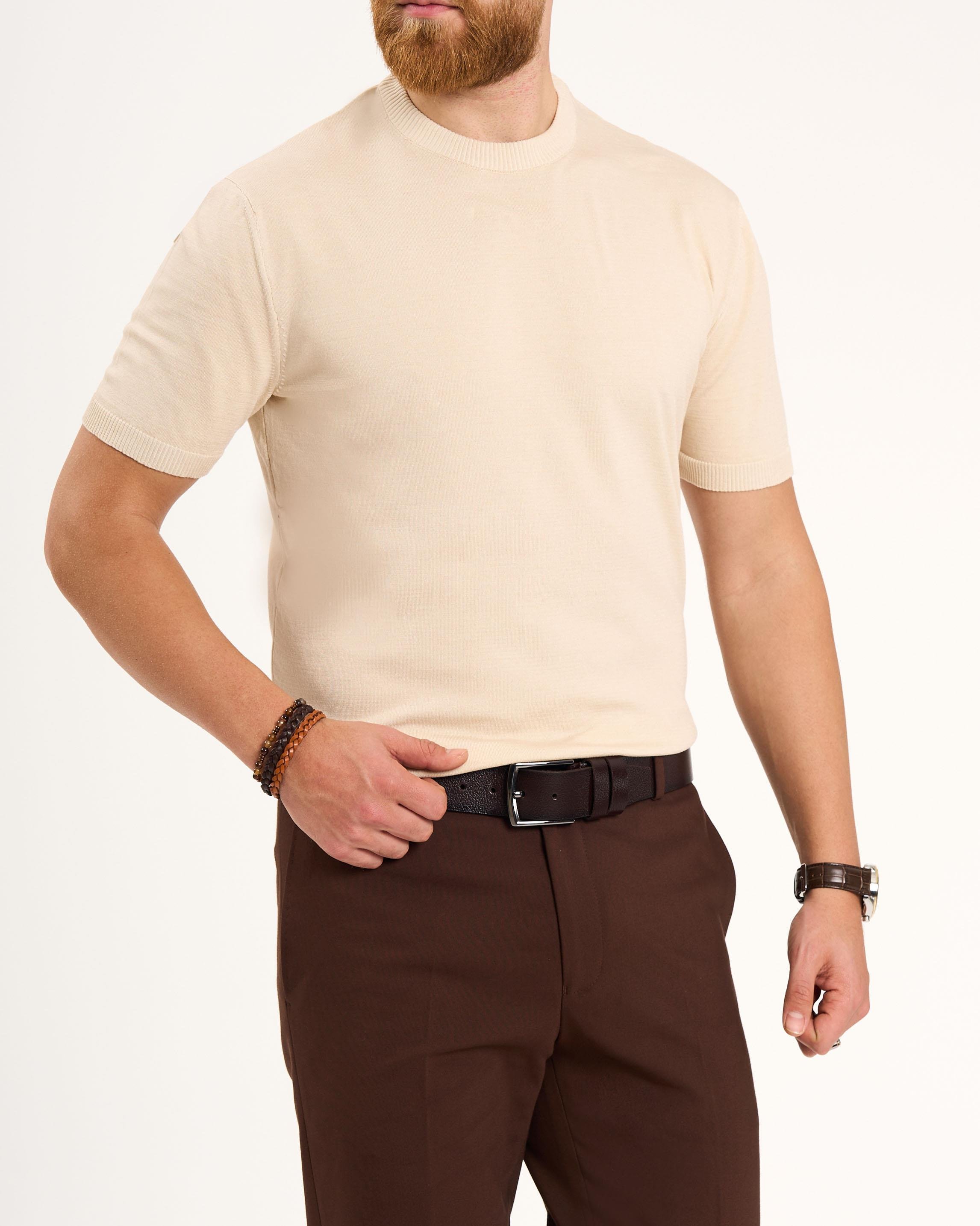 İtalyan stil slim fit bisiklet yaka triko tişört bej T13140