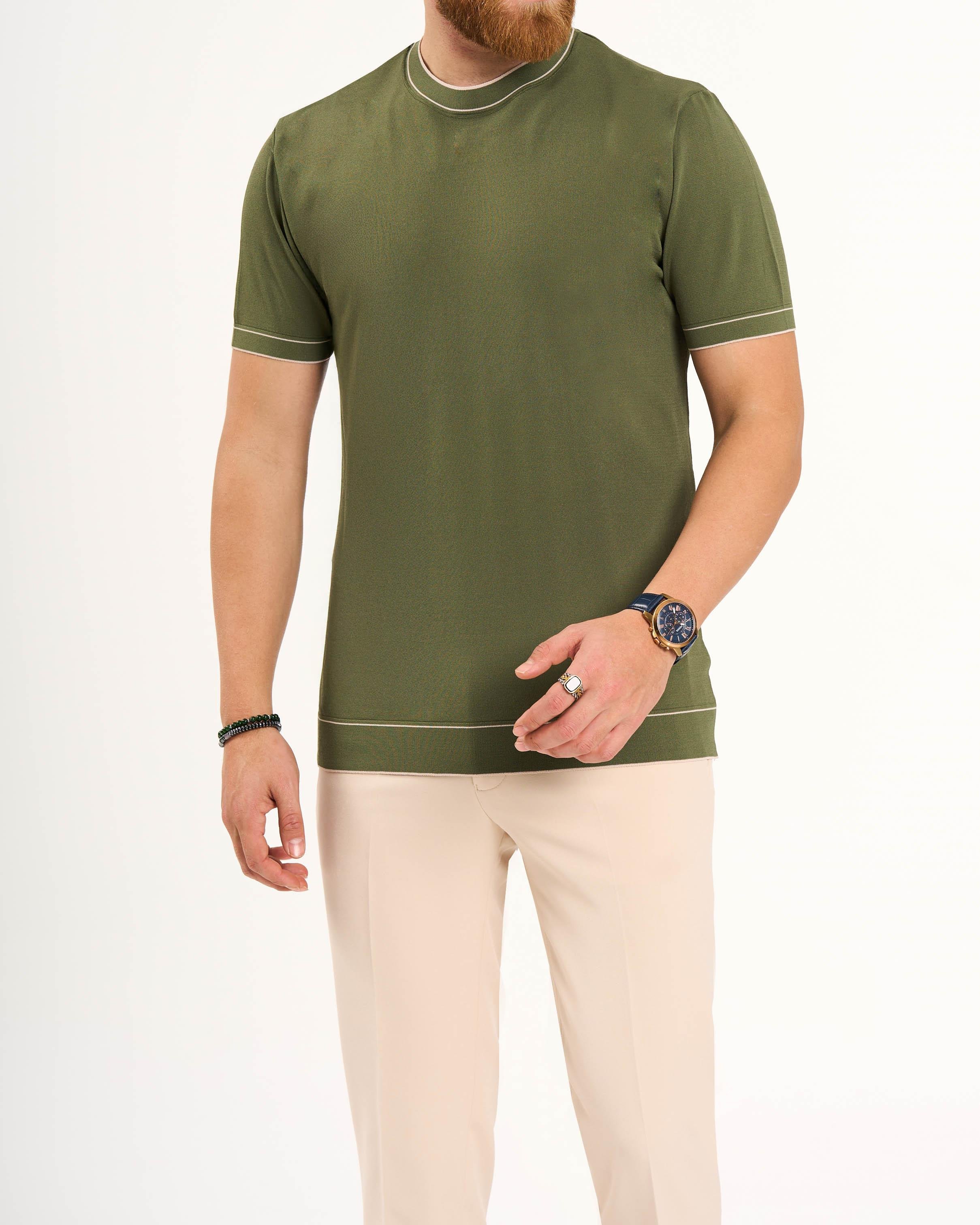 İtalyan stil slim fit bisiklet yaka triko tişört haki T13759